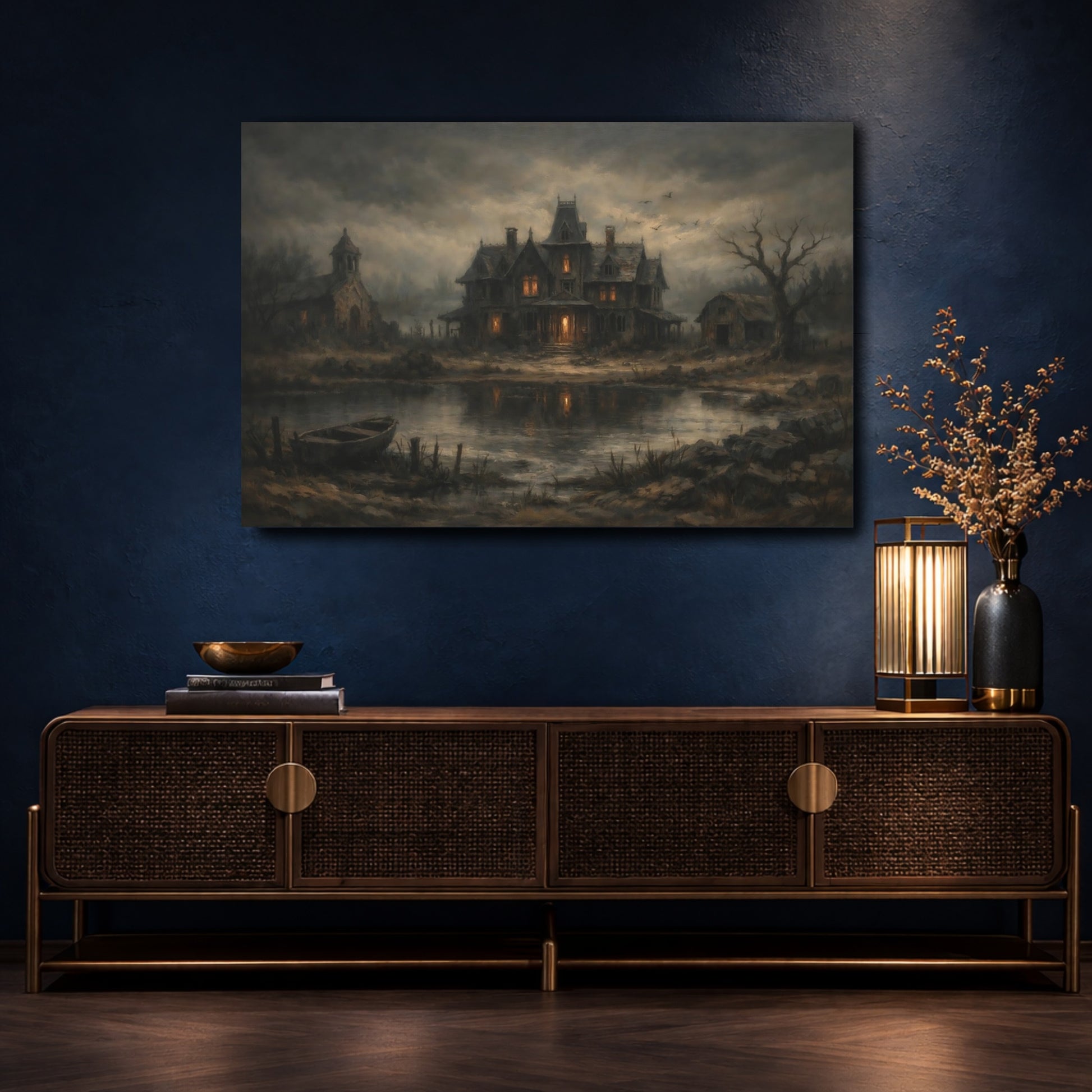 Mockup 4. Horror Haunted House Dark Haunted House shown as stretched canvas wall art