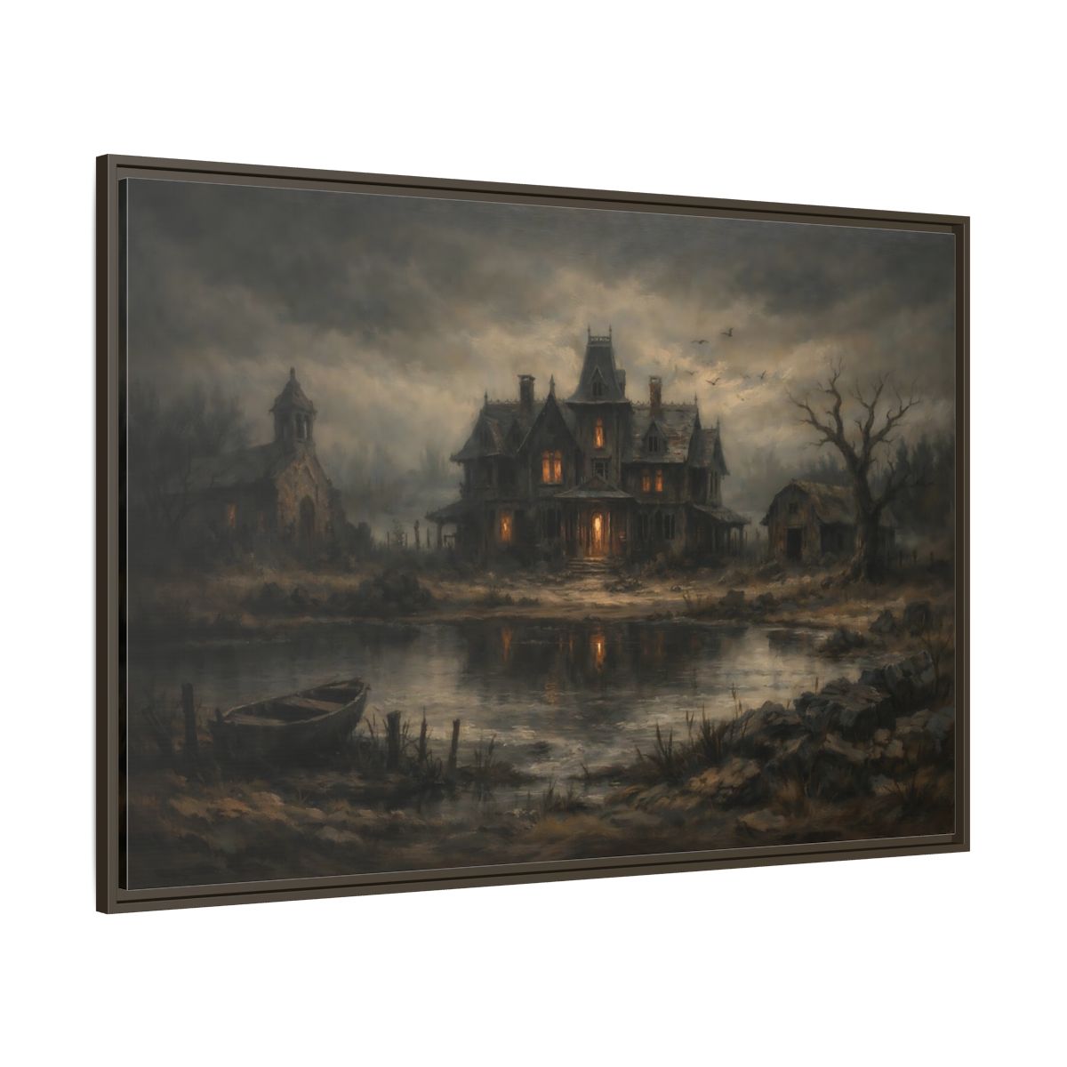 Main Mockup. Horror Haunted Mansion Brown And Grey shown as stretched canvas wall art