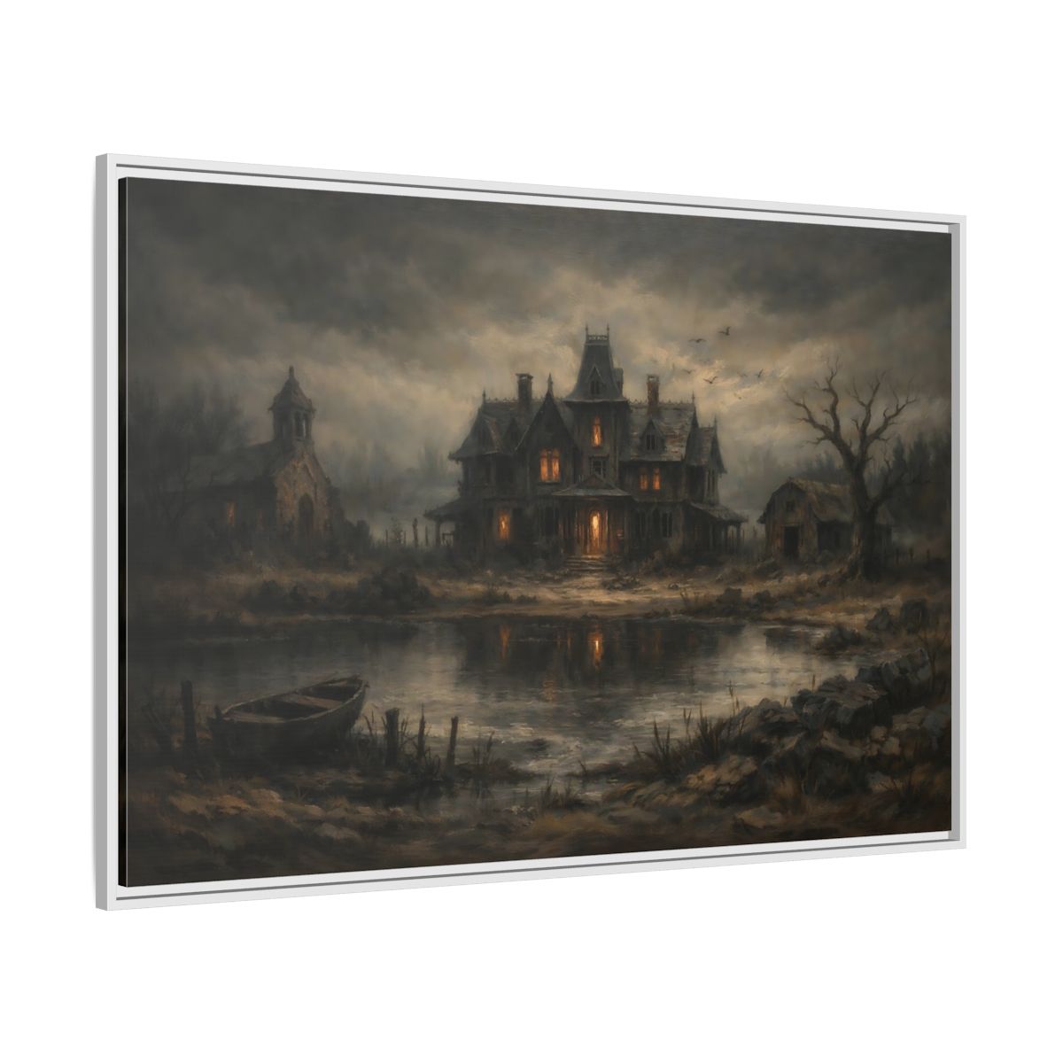 Side Mockup 7. Horror Haunted Mansion Brown And Grey shown as stretched canvas wall art