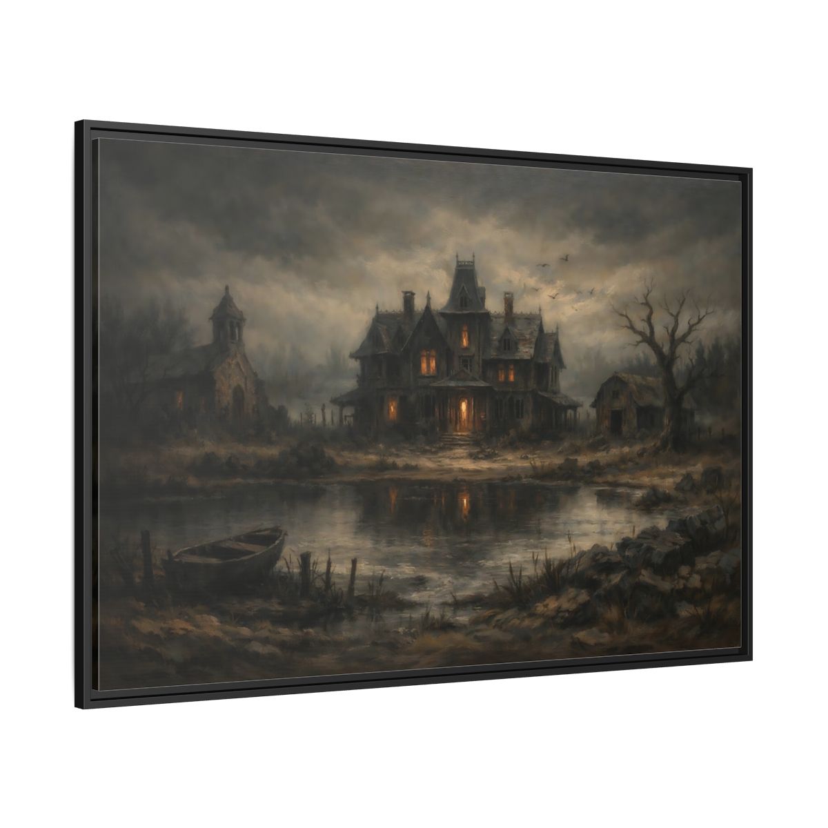 Side Mockup 12. Horror Haunted Mansion Brown And Grey shown as stretched canvas wall art