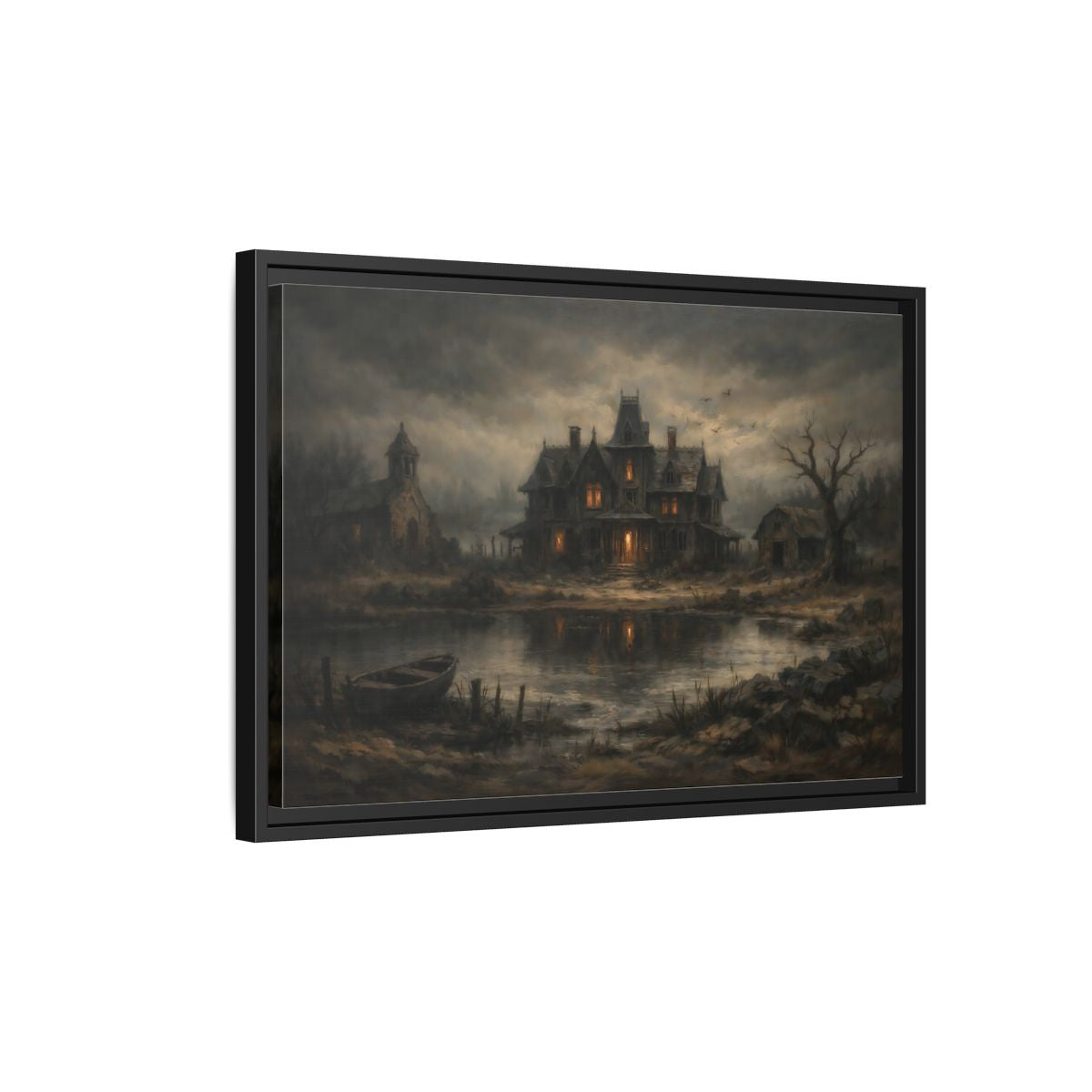 Side Mockup 3. Horror Haunted Mansion Brown And Grey shown as stretched canvas wall art