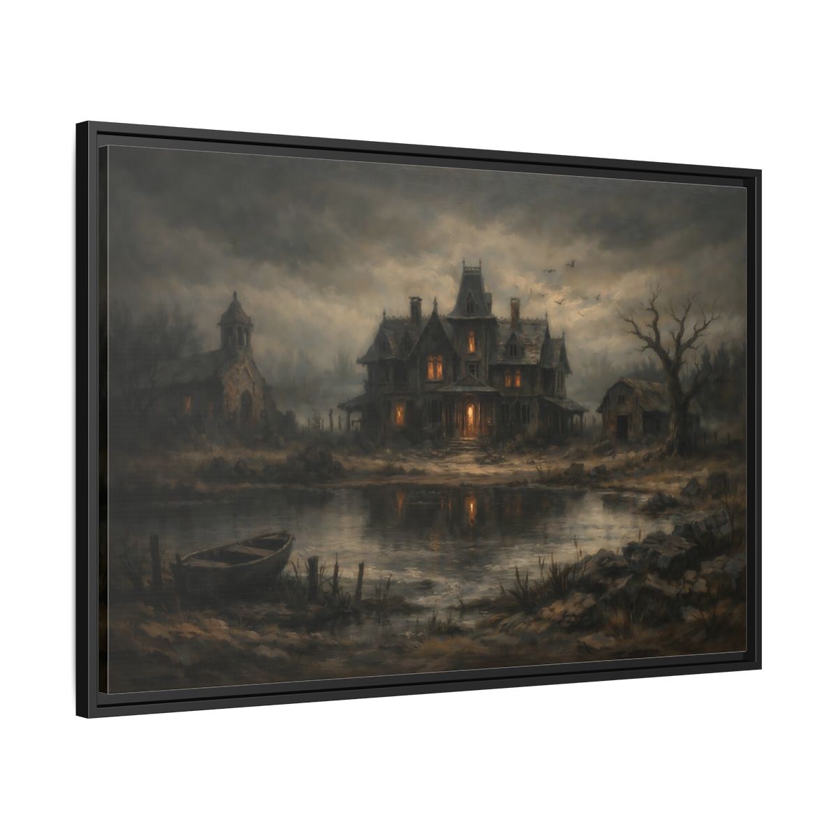 Side Mockup 13. Horror Haunted Mansion Brown And Grey shown as stretched canvas wall art