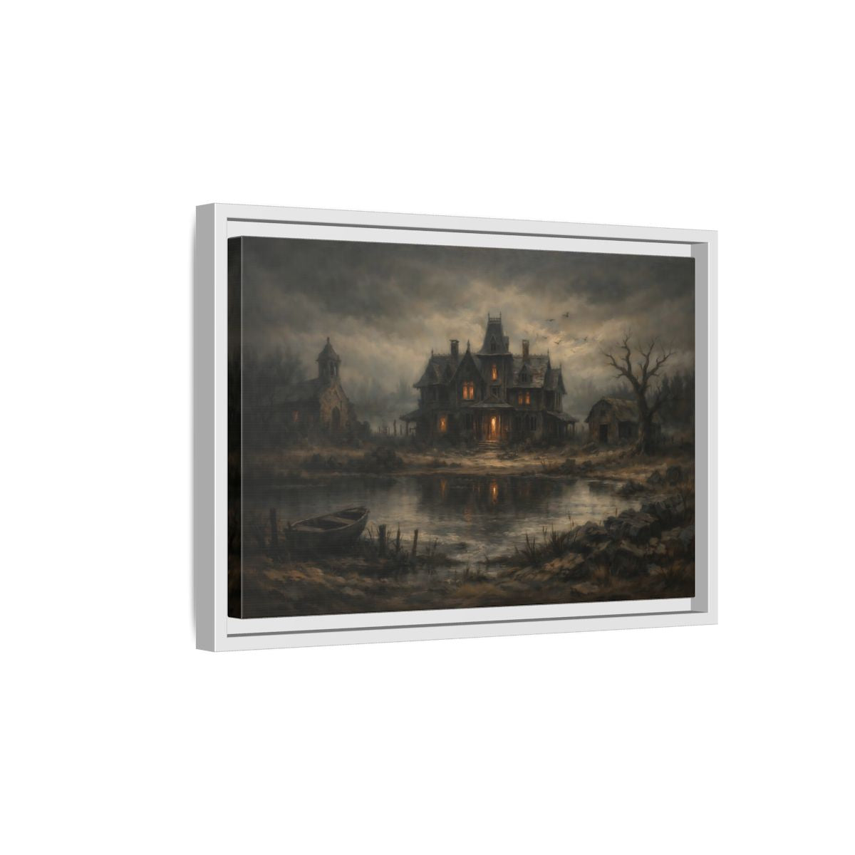 Side Mockup 4. Horror Haunted Mansion Brown And Grey shown as stretched canvas wall art
