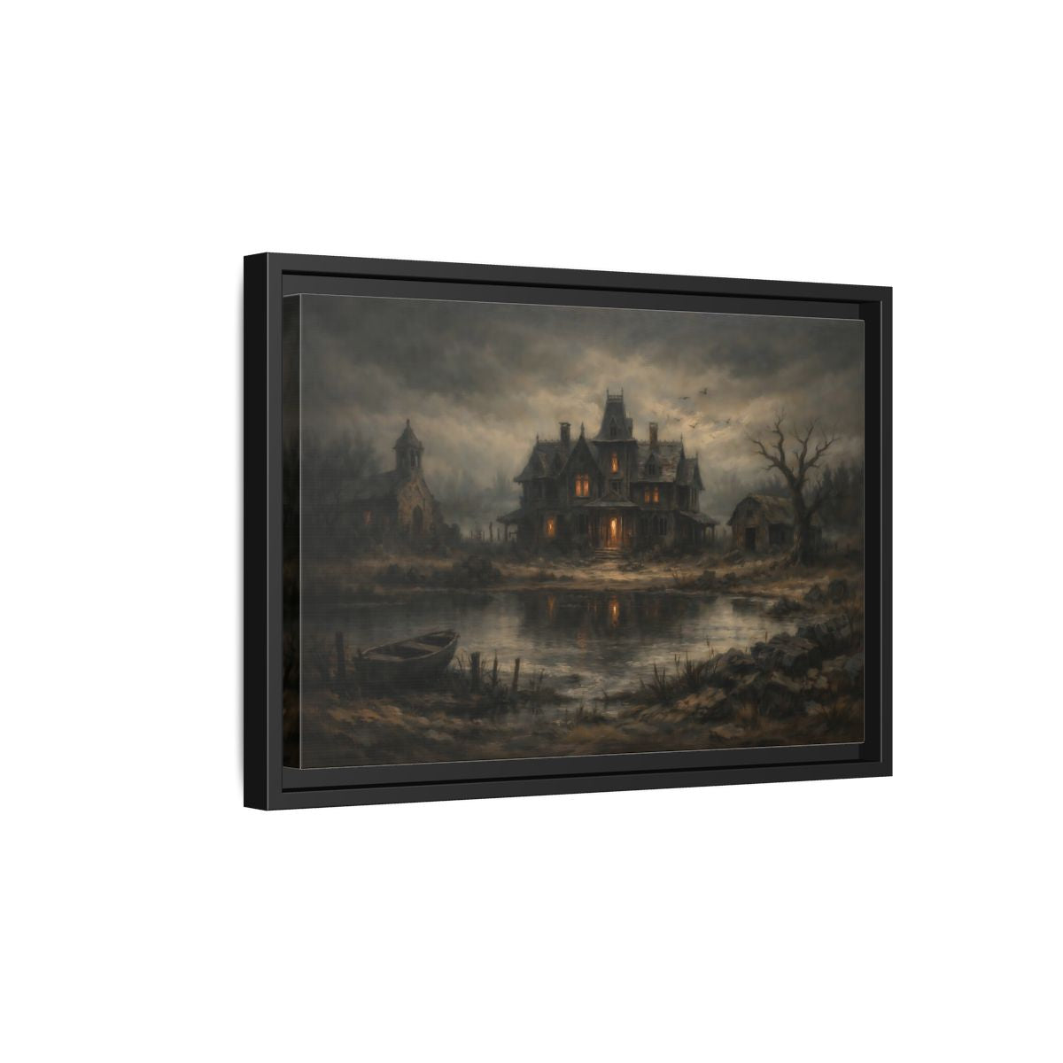 Side Mockup 6. Horror Haunted Mansion Brown And Grey shown as stretched canvas wall art