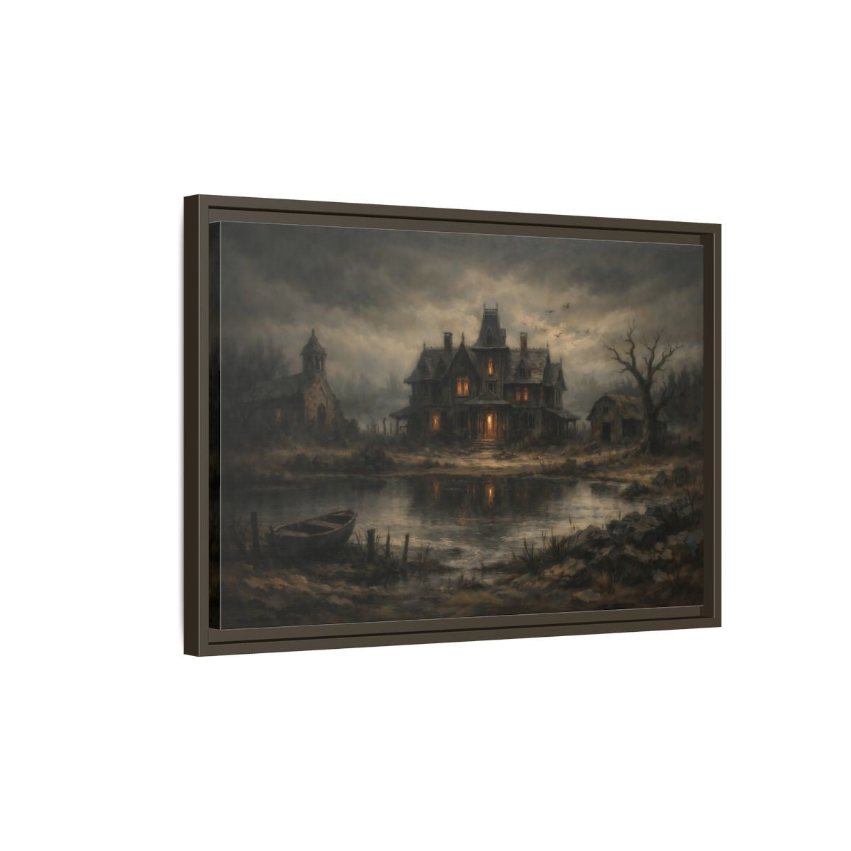 Side Mockup 2. Horror Haunted Mansion Brown And Grey shown as stretched canvas wall art