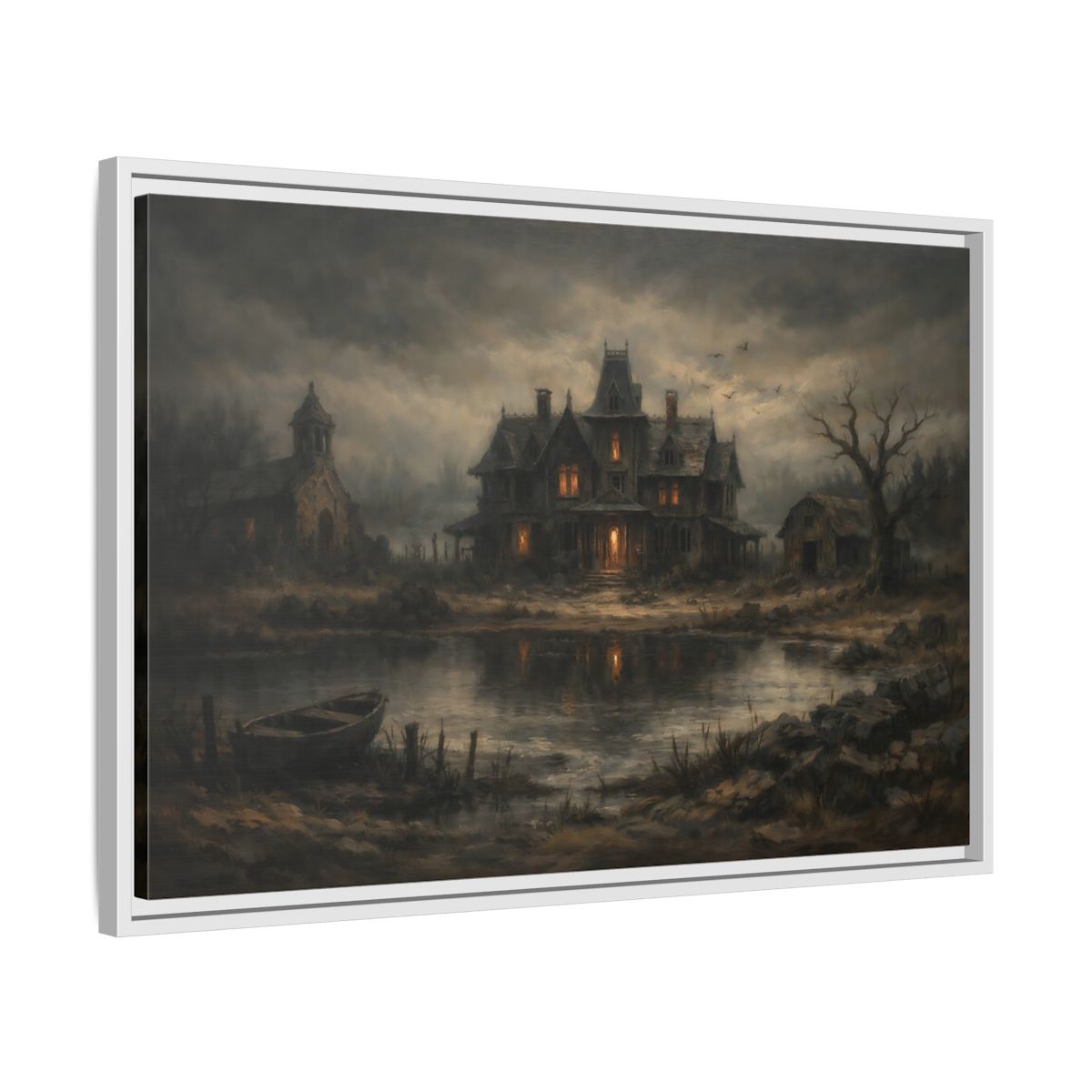 Side Mockup 10. Horror Haunted Mansion Brown And Grey shown as stretched canvas wall art