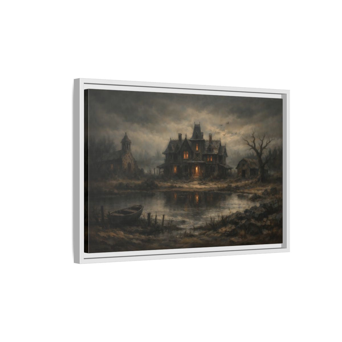 Side Mockup 1. Horror Haunted Mansion Brown And Grey shown as stretched canvas wall art