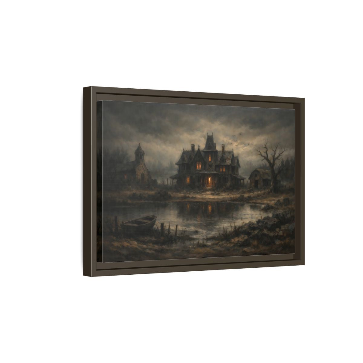 Side Mockup 5. Horror Haunted Mansion Brown And Grey shown as stretched canvas wall art