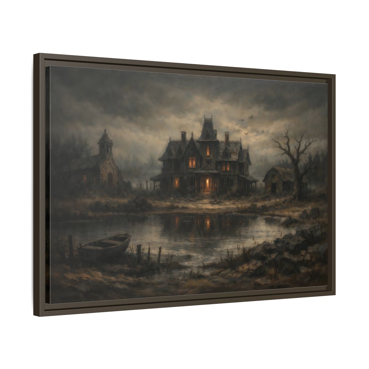 Side Mockup 11. Horror Haunted Mansion Brown And Grey shown as stretched canvas wall art