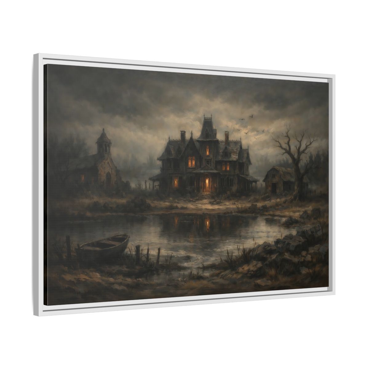Side Mockup 8. Horror Haunted Mansion Brown And Grey shown as stretched canvas wall art