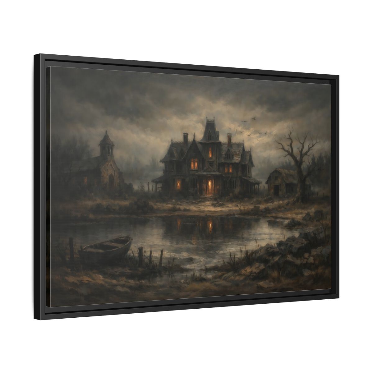 Side Mockup 14. Horror Haunted Mansion Brown And Grey shown as stretched canvas wall art