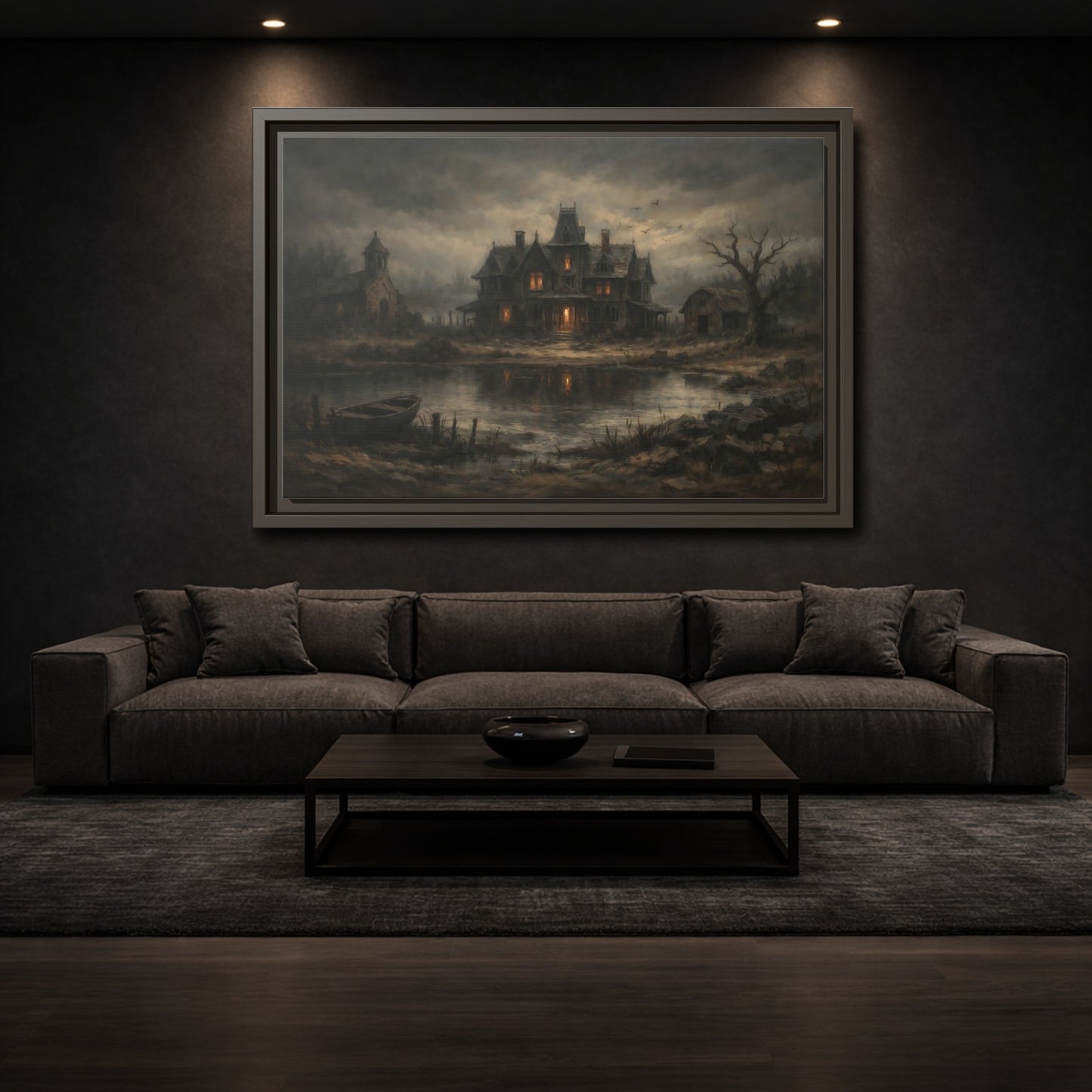 Mockup 2. Horror Haunted Mansion Brown And Grey shown as stretched canvas wall art
