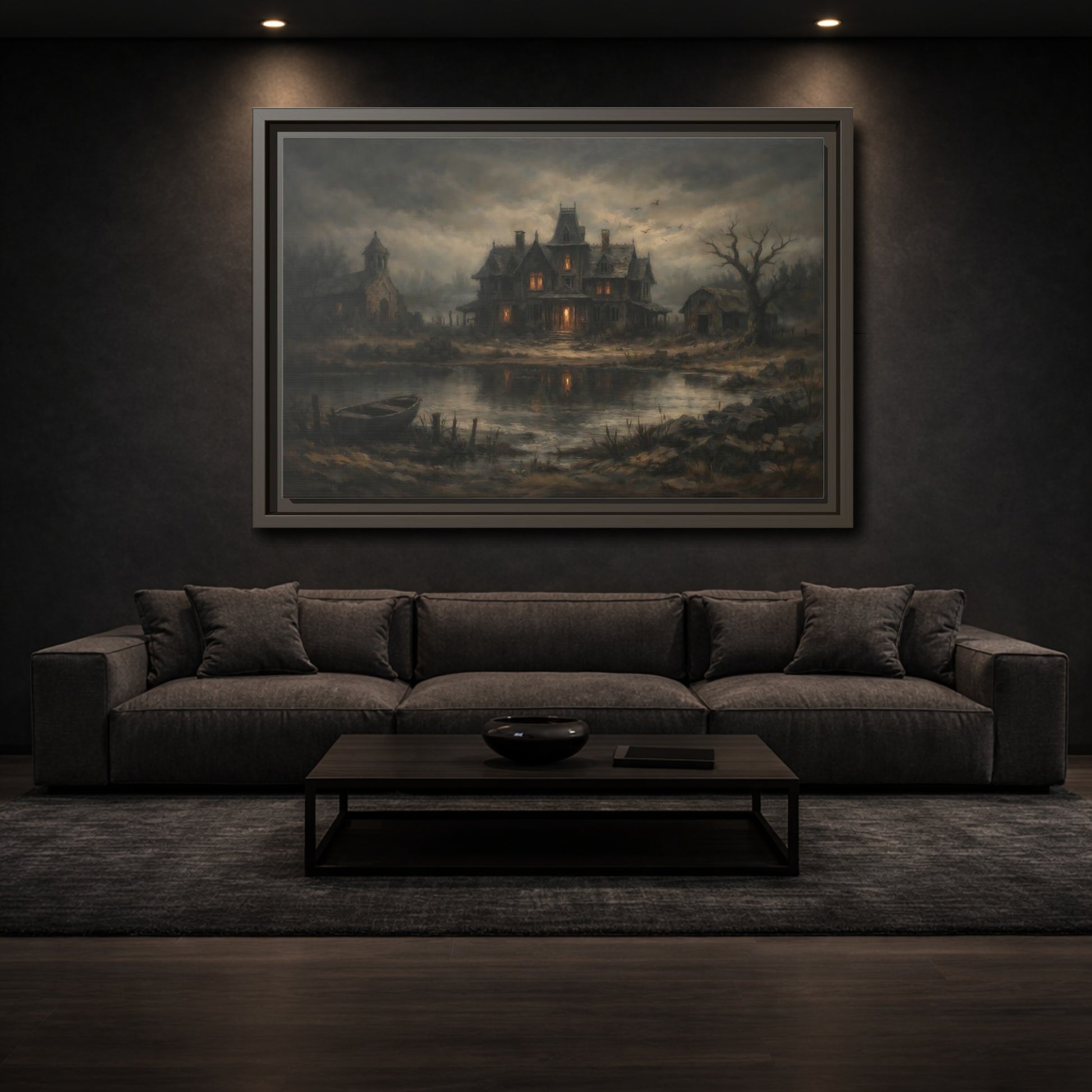 Mockup 2. Horror Haunted Mansion Brown And Grey shown as stretched canvas wall art