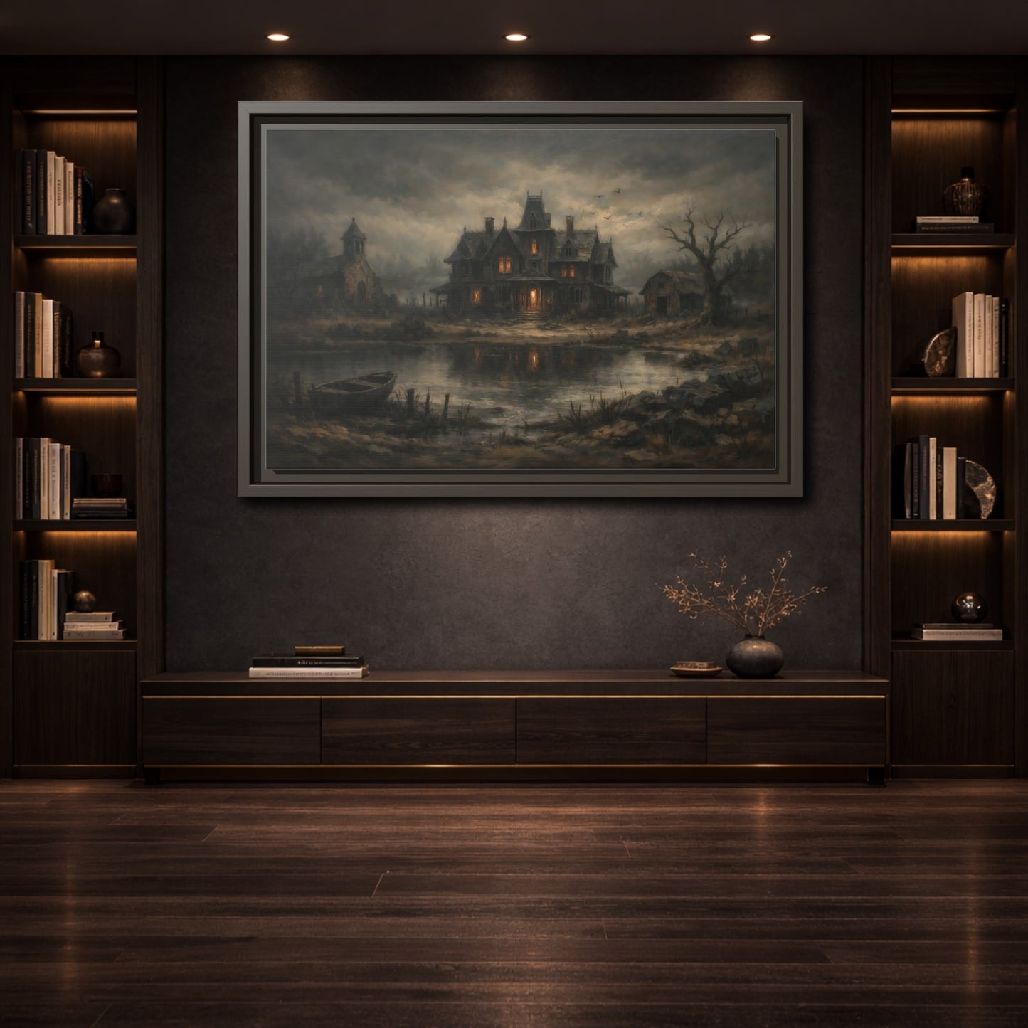 Mockup 3. Horror Haunted Mansion Brown And Grey shown as stretched canvas wall art