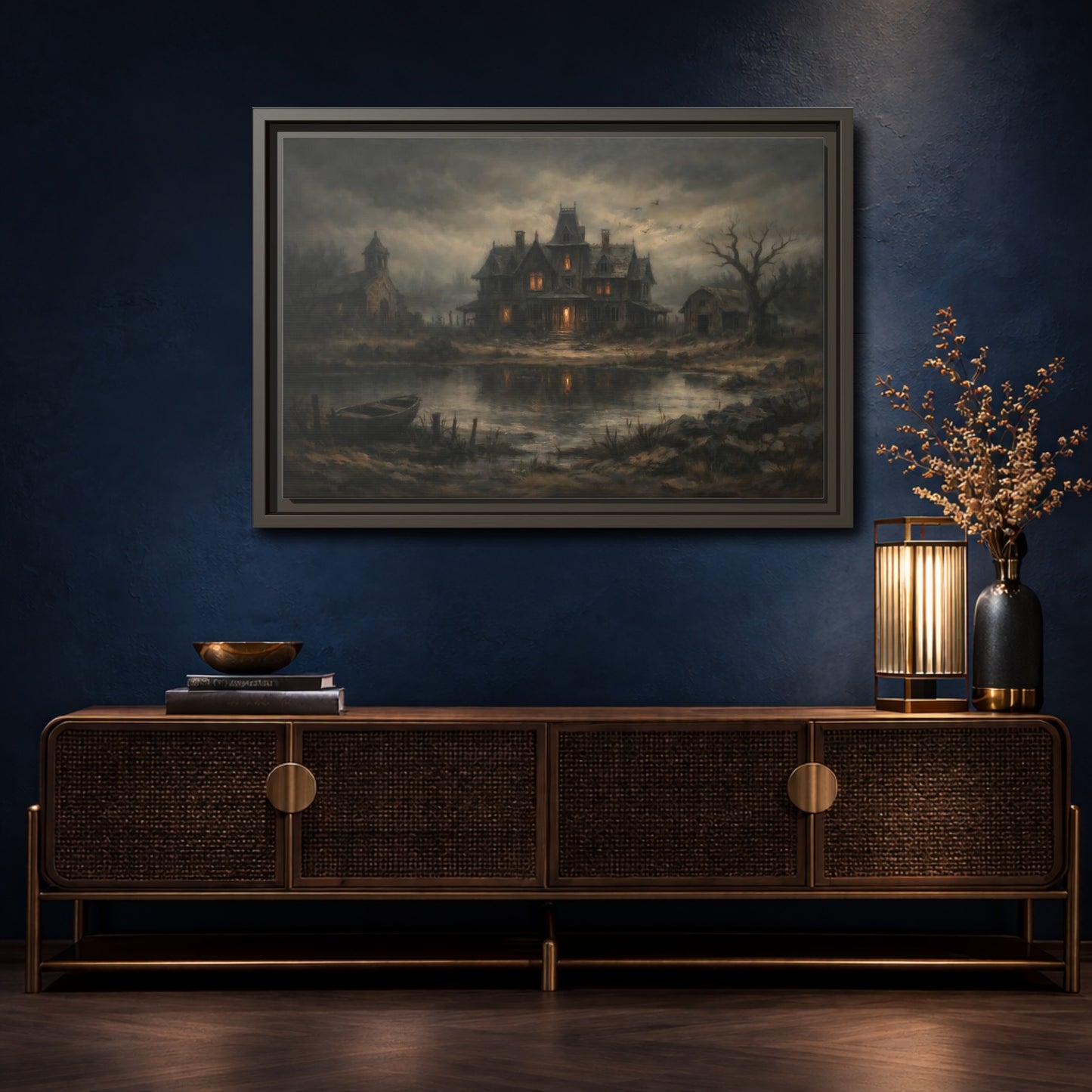 Mockup 4. Horror Haunted Mansion Brown And Grey shown as stretched canvas wall art