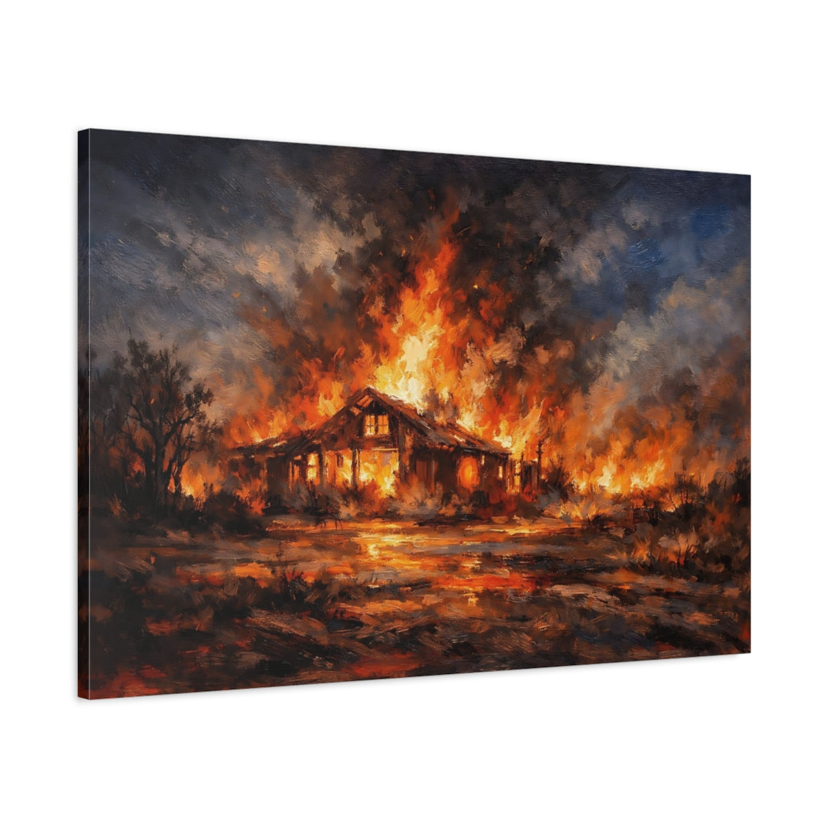 Side Mockup 1. Horror House Fire Orange And Black shown as stretched canvas wall art