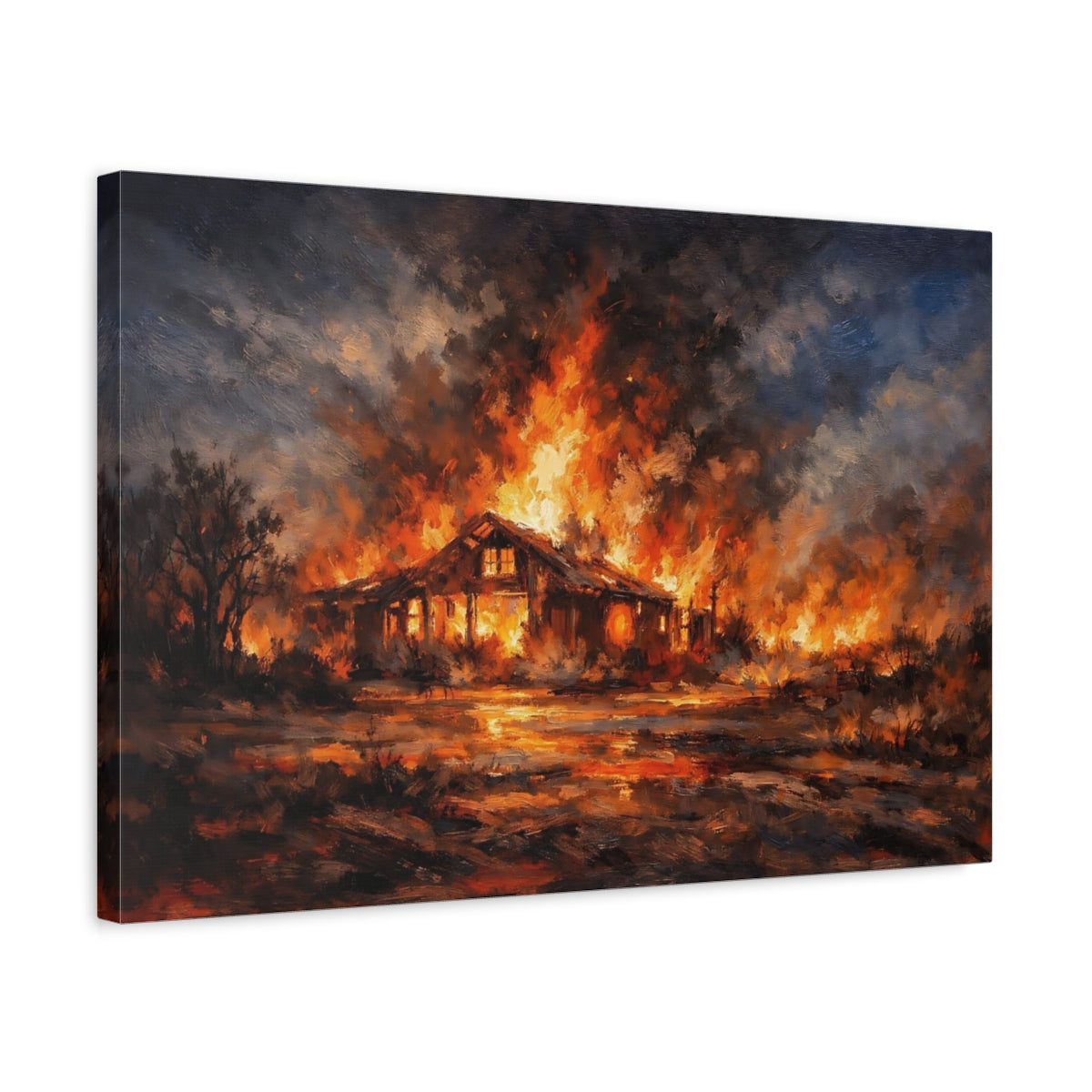 Side Mockup 3. Horror House Fire Orange And Black shown as stretched canvas wall art