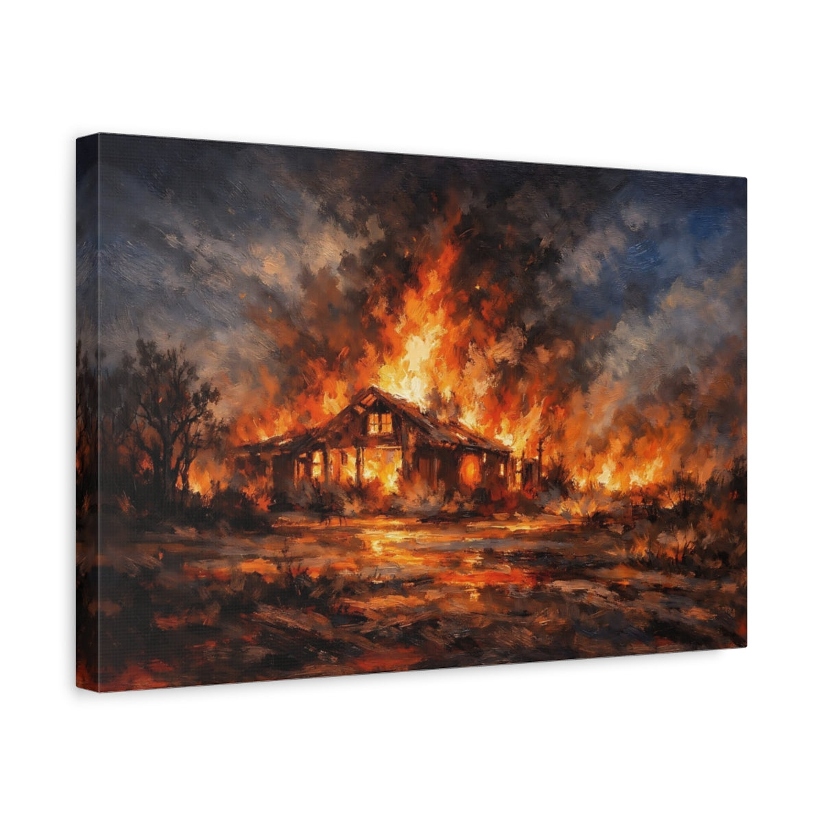 Side Mockup 4. Horror House Fire Orange And Black shown as stretched canvas wall art
