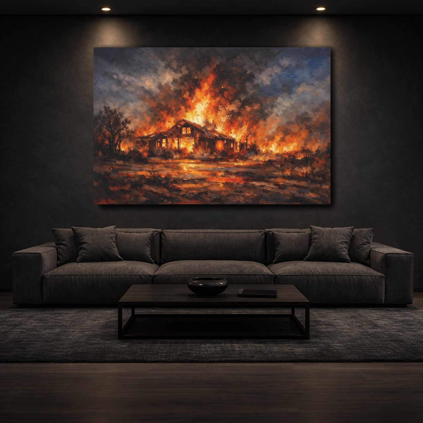 Mockup 2. Horror House Fire Orange And Black shown as stretched canvas wall art