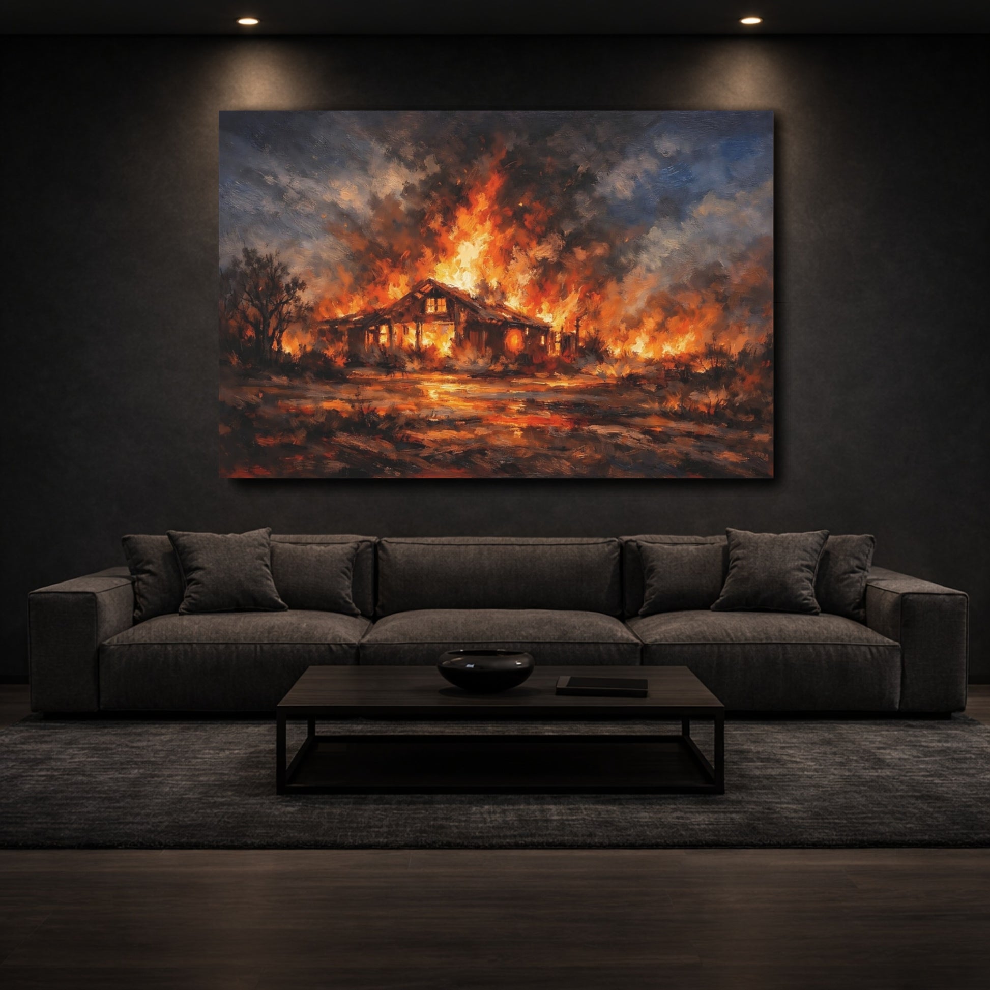Mockup 2. Horror House Fire Orange And Black shown as stretched canvas wall art