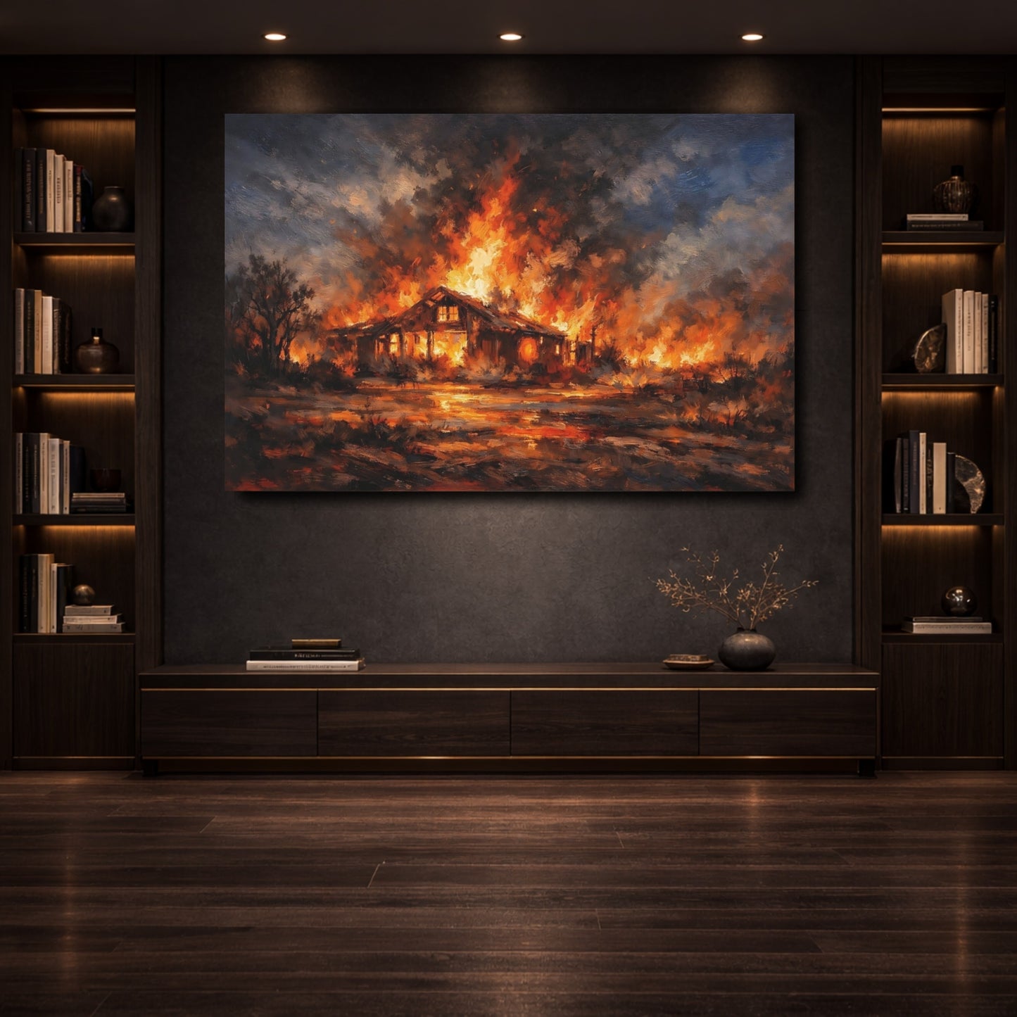 Mockup 3. Horror House Fire Orange And Black shown as stretched canvas wall art