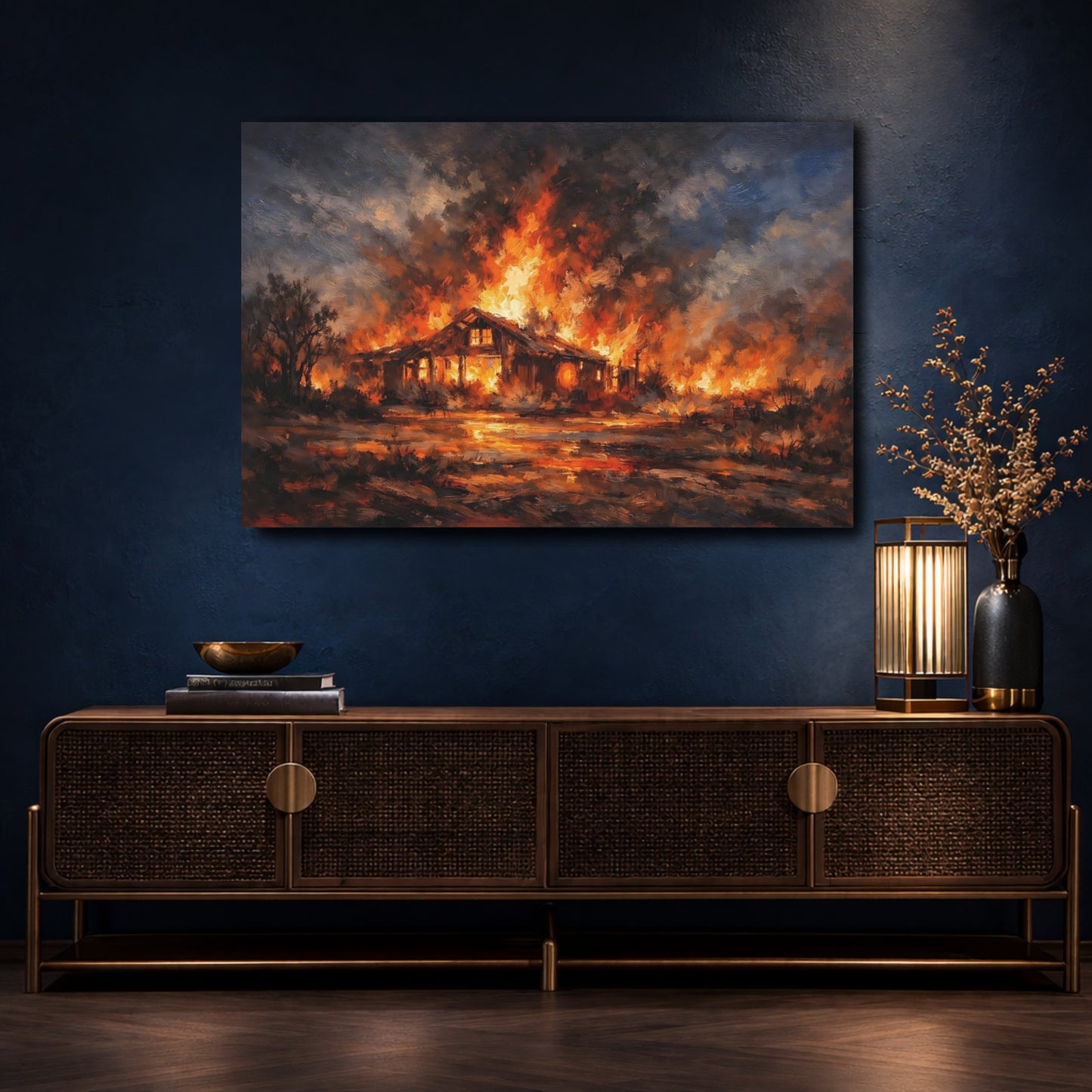 Mockup 4. Horror House Fire Orange And Black shown as stretched canvas wall art