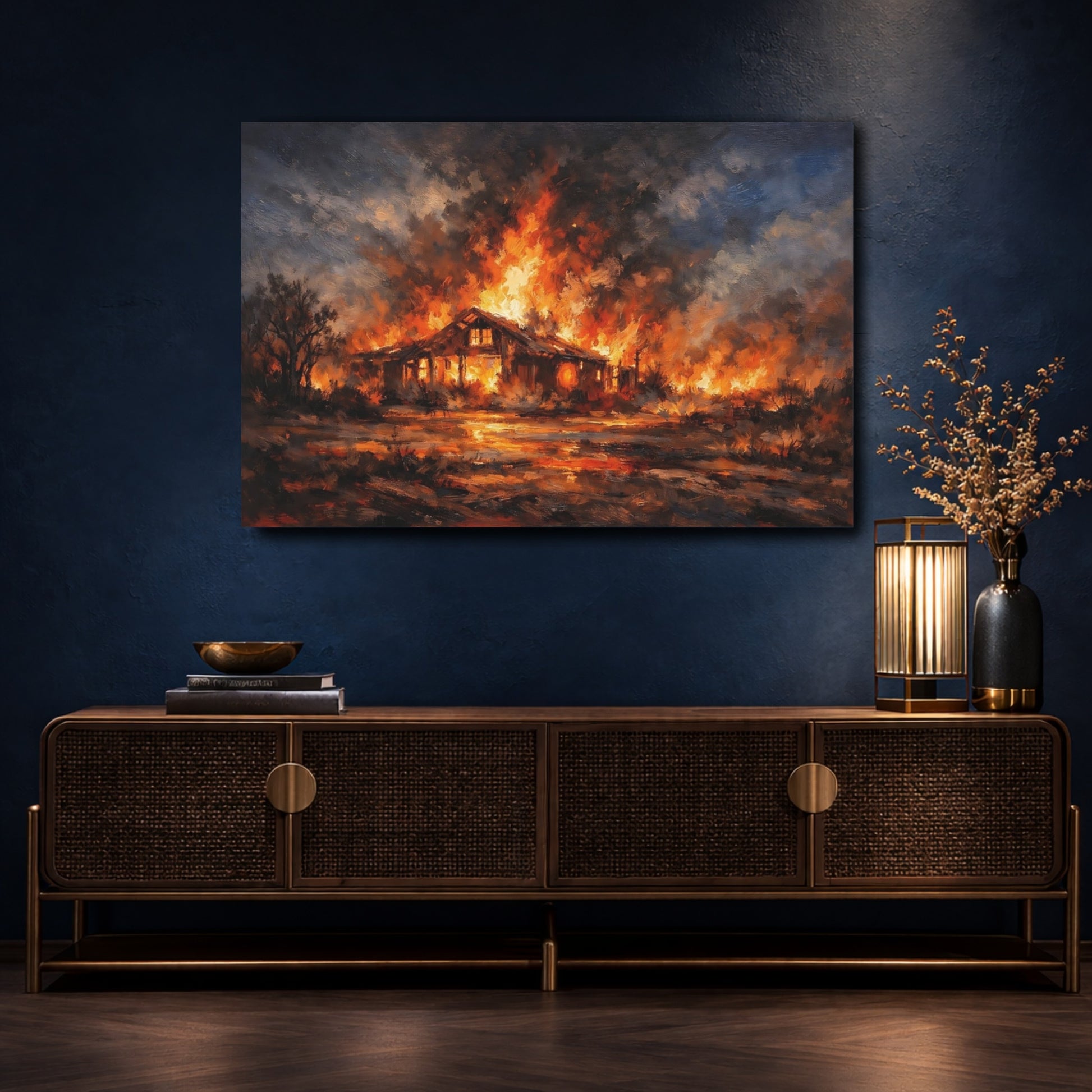 Mockup 4. Horror House Fire Orange And Black shown as stretched canvas wall art