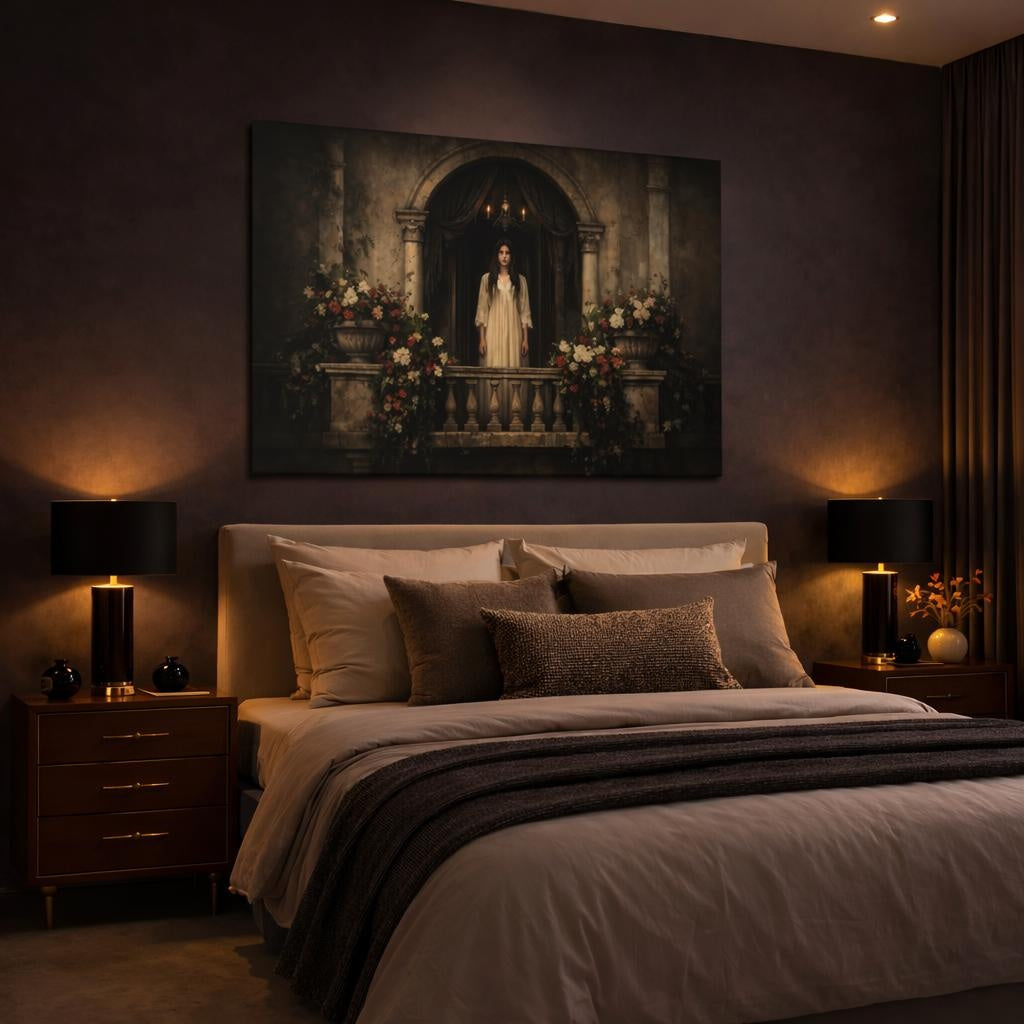 Horror Italian Flower Balcony shown as canvas wall art in a luxury bedroom