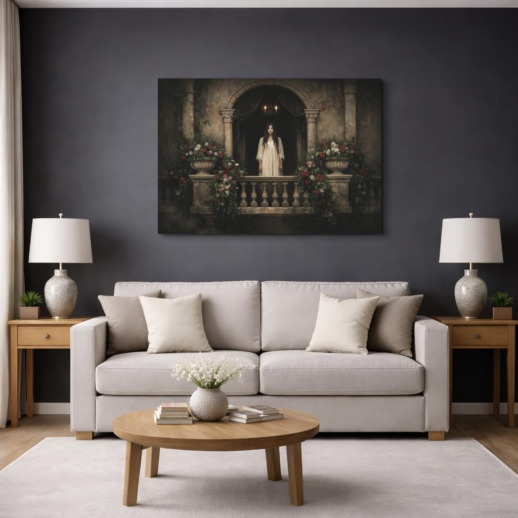 Horror Italian Flower Balcony shown as canvas wall art in a modern living room
