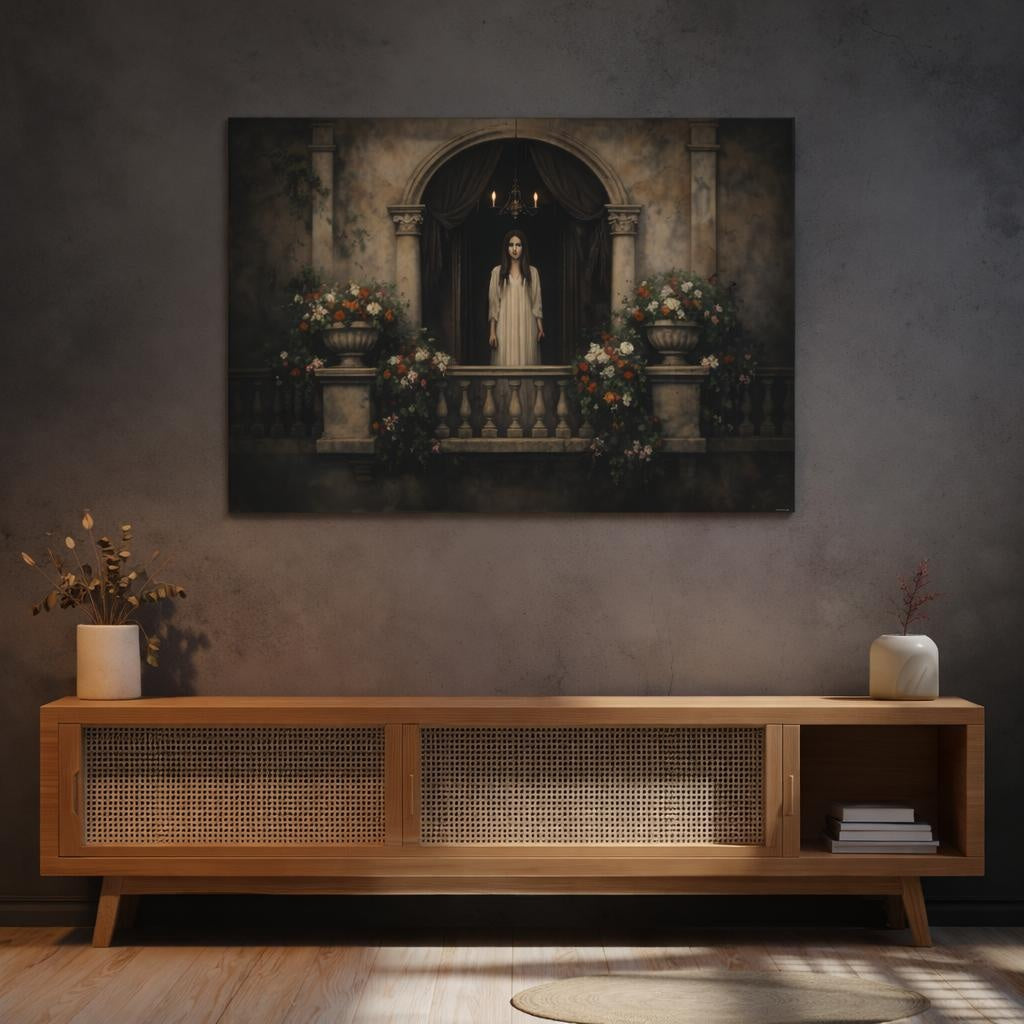 Horror Italian Flower Balcony shown as canvas wall art in a refined dining room