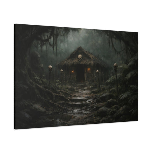 Horror Jungle Hut Dark Jungle Skulls shown as stretched canvas wall art