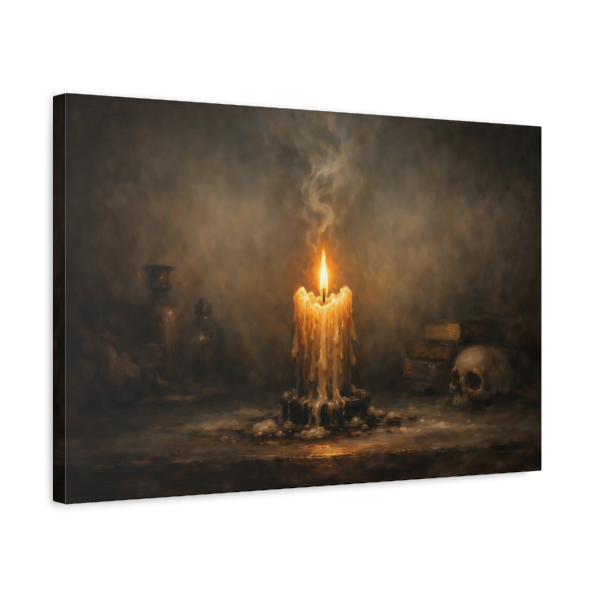 Side Mockup 3. Horror Melting Candle Dark Still Life shown as stretched canvas wall art