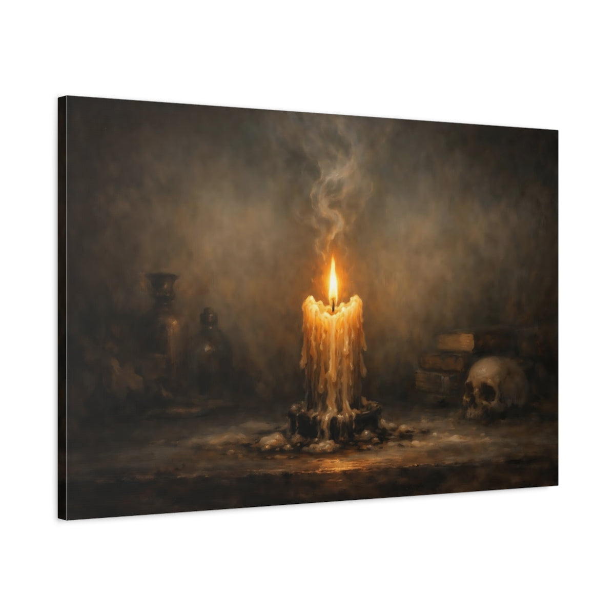 Side Mockup 1. Horror Melting Candle Dark Still Life shown as stretched canvas wall art