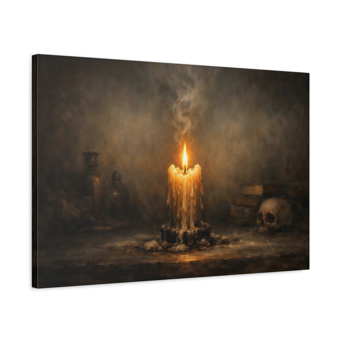 Side Mockup 2. Horror Melting Candle Dark Still Life shown as stretched canvas wall art