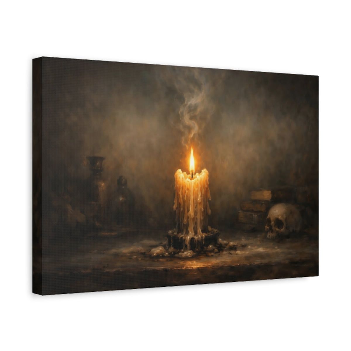 Side Mockup 4. Horror Melting Candle Dark Still Life shown as stretched canvas wall art