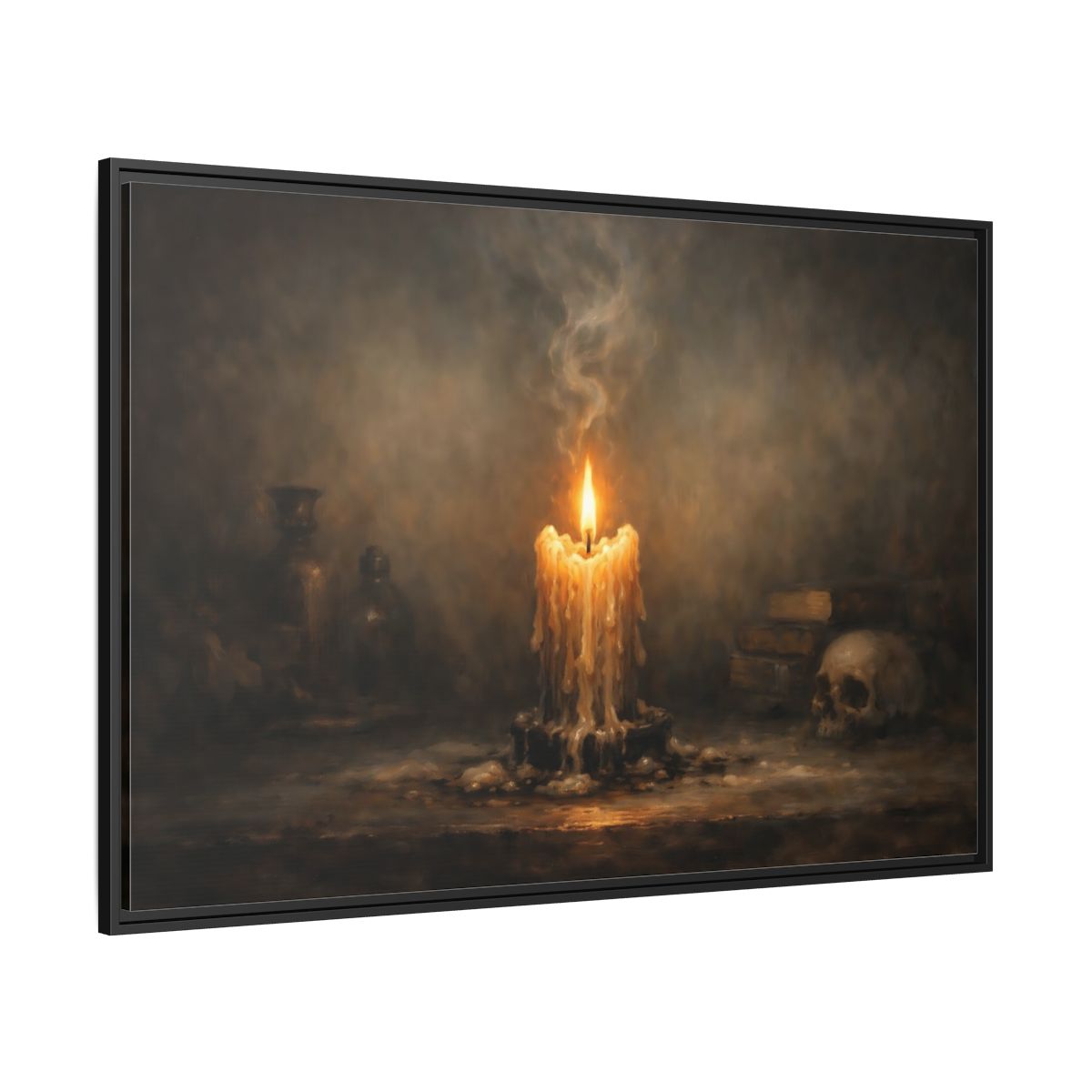 Side Mockup 12. Horror Melting Candle Dark Still Life shown as stretched canvas wall art
