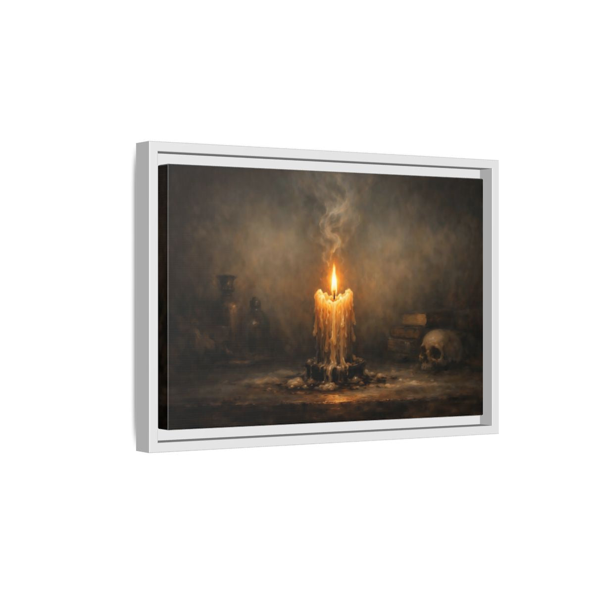 Side Mockup 4. Horror Melting Candle Dark Still Life shown as stretched canvas wall art