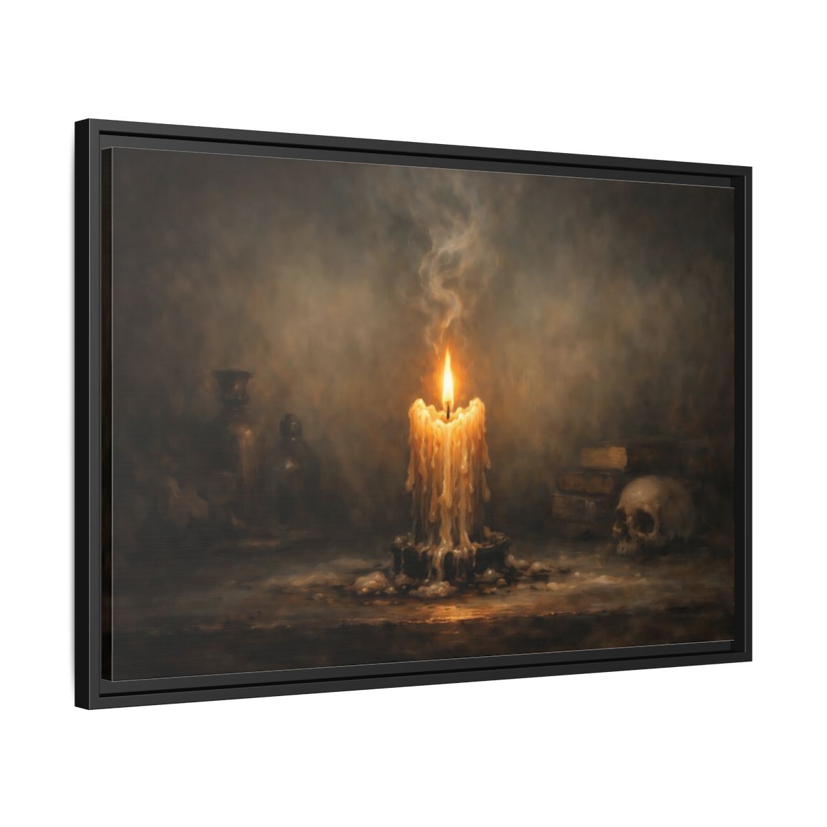 Side Mockup 14. Horror Melting Candle Dark Still Life shown as stretched canvas wall art