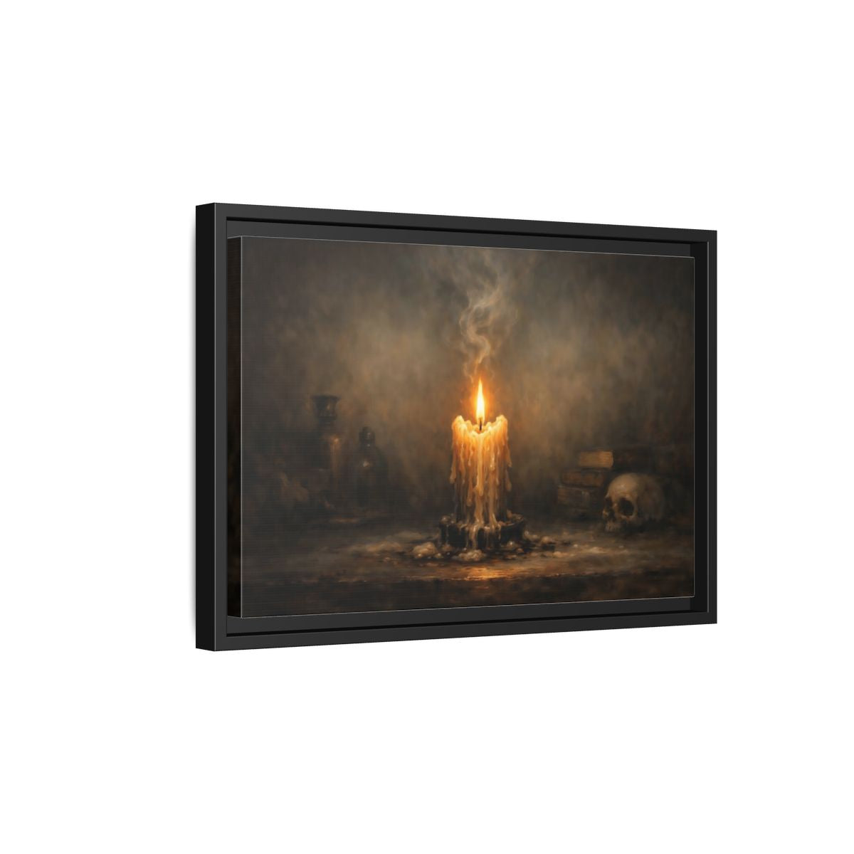 Side Mockup 6. Horror Melting Candle Dark Still Life shown as stretched canvas wall art
