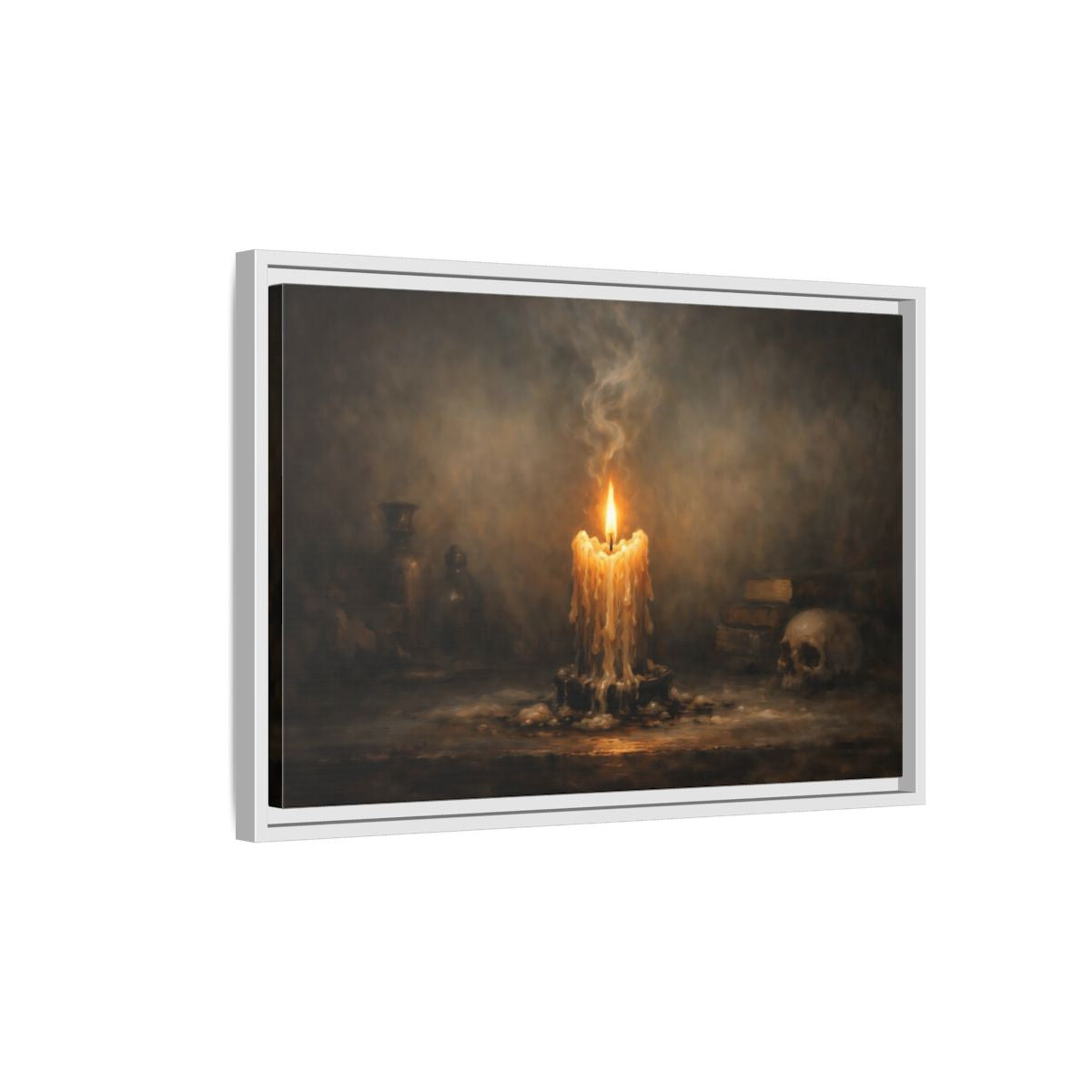 Side Mockup 1. Horror Melting Candle Dark Still Life shown as stretched canvas wall art