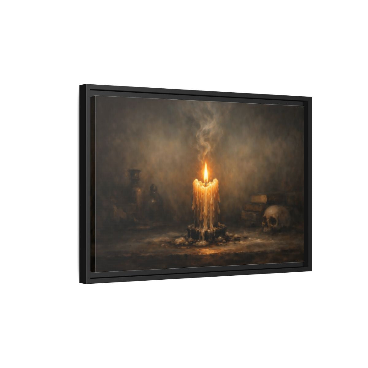 Side Mockup 3. Horror Melting Candle Dark Still Life shown as stretched canvas wall art
