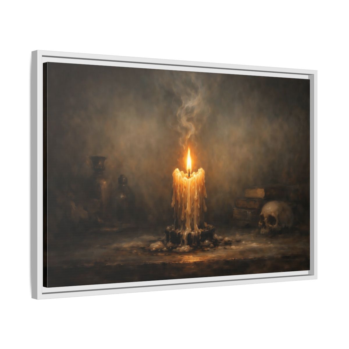 Side Mockup 10. Horror Melting Candle Dark Still Life shown as stretched canvas wall art