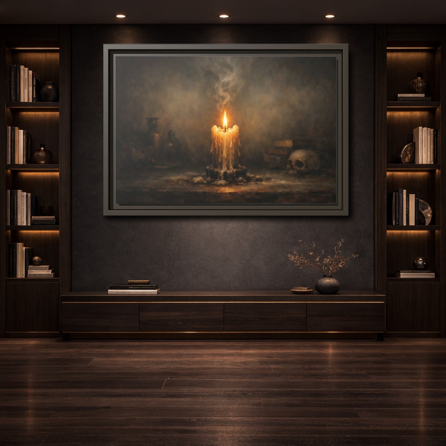Mockup 3. Horror Melting Candle Dark Still Life shown as stretched canvas wall art