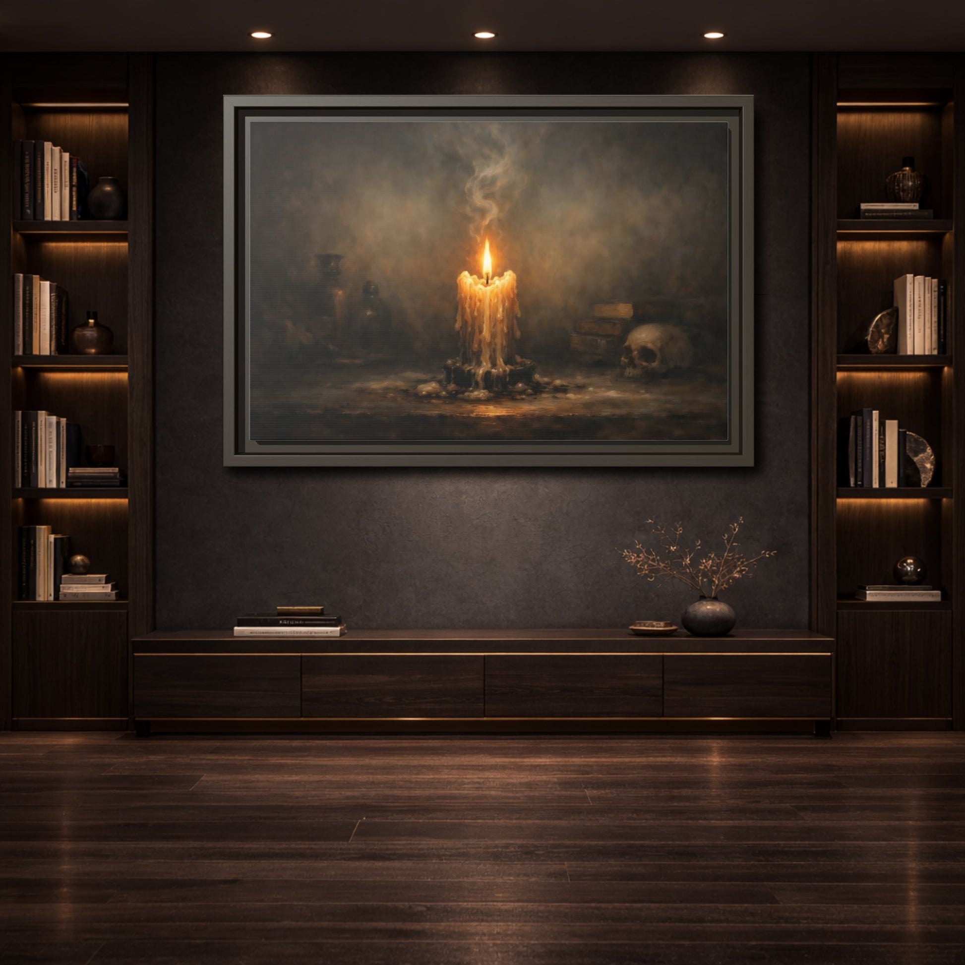 Mockup 3. Horror Melting Candle Dark Still Life shown as stretched canvas wall art