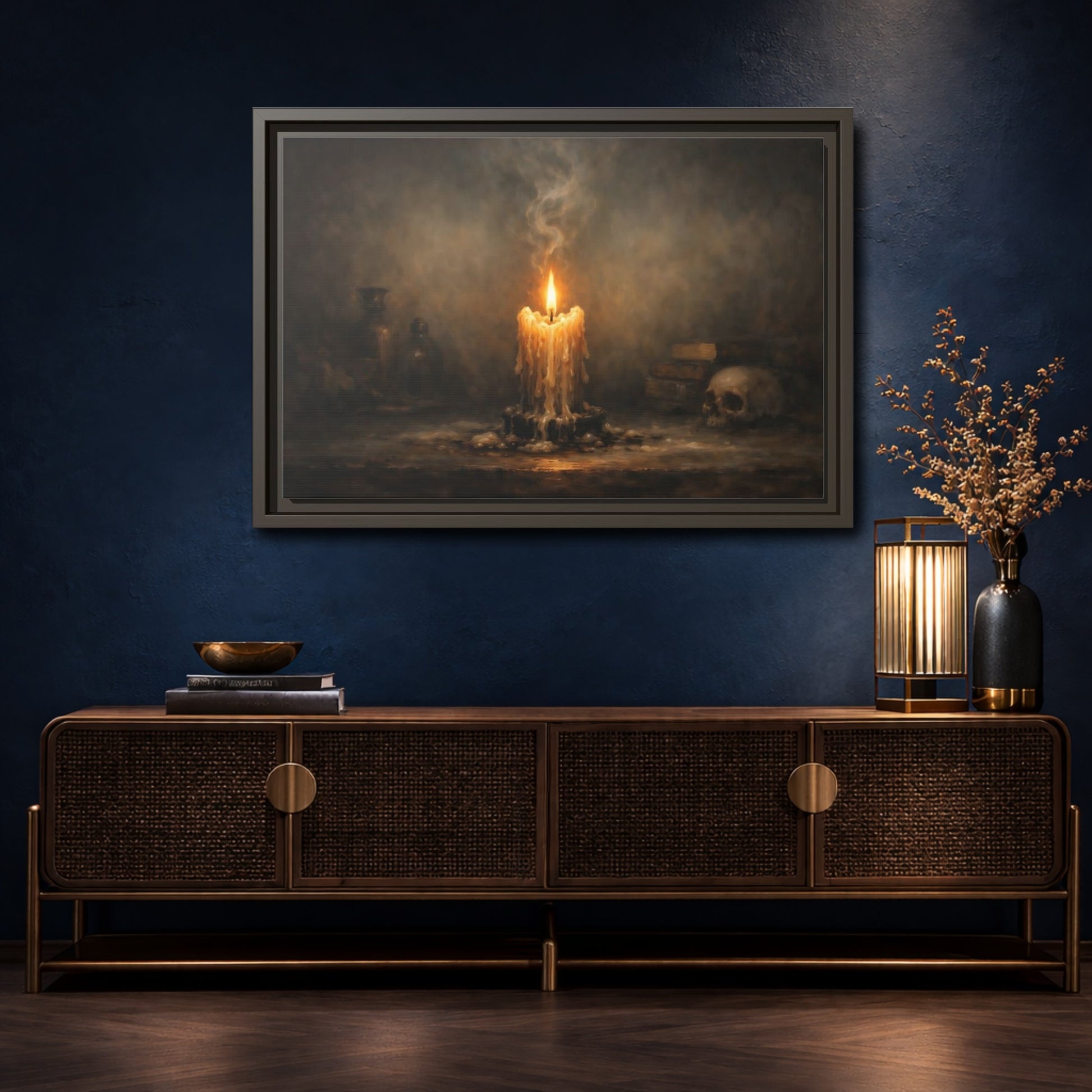 Mockup 4. Horror Melting Candle Dark Still Life shown as stretched canvas wall art