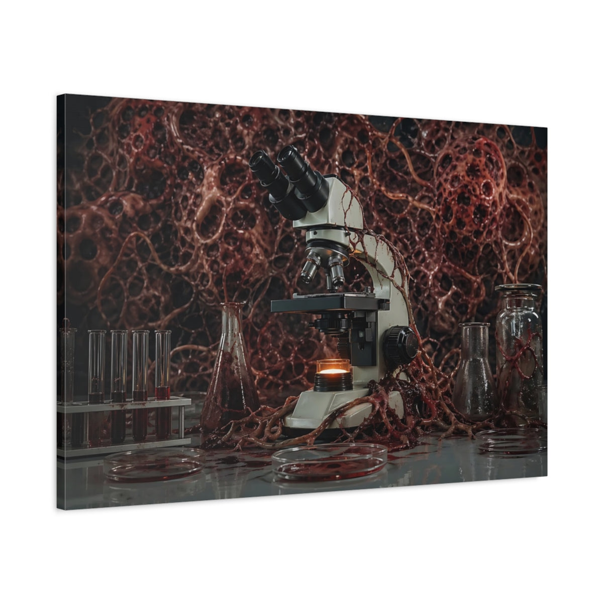 Main Mockup. Horror Microscope Red Horror Lab shown as stretched canvas wall art