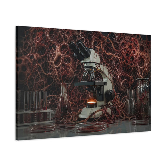 Main Mockup. Horror Microscope Red Horror Lab shown as stretched canvas wall art