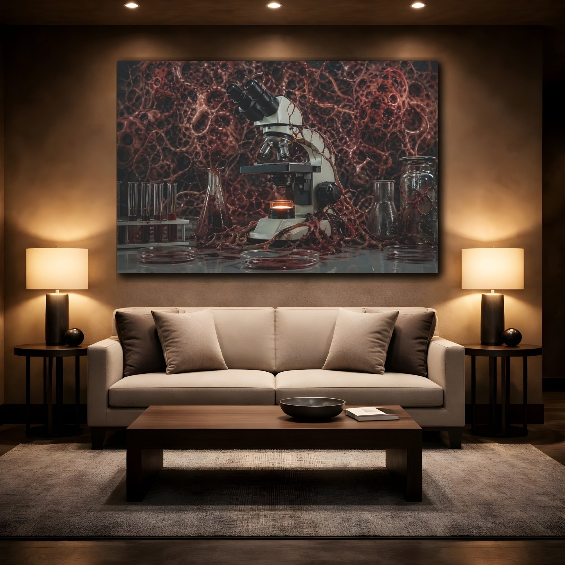 Mockup 2. Horror Microscope Red Horror Lab shown as stretched canvas wall art
