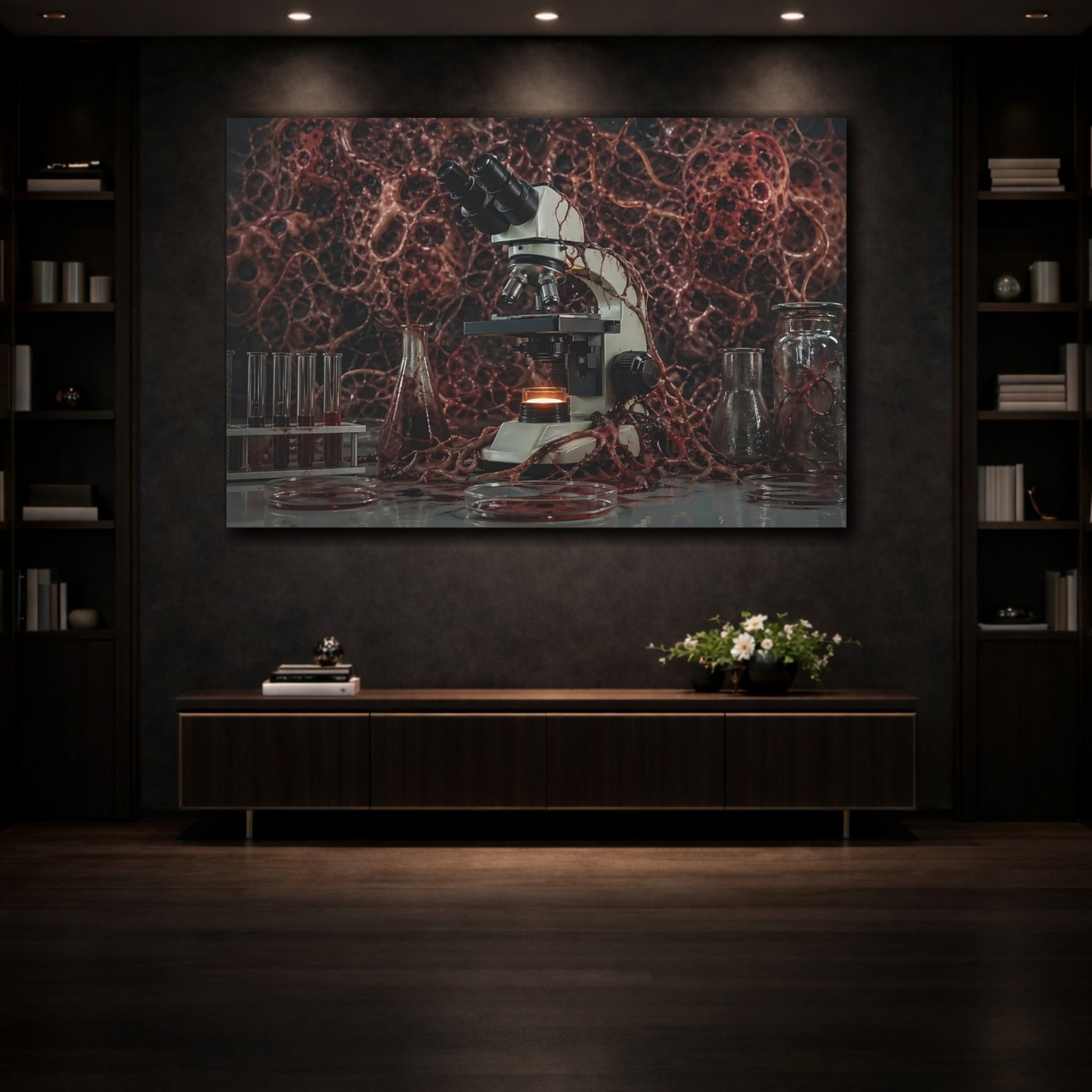 Mockup 3. Horror Microscope Red Horror Lab shown as stretched canvas wall art