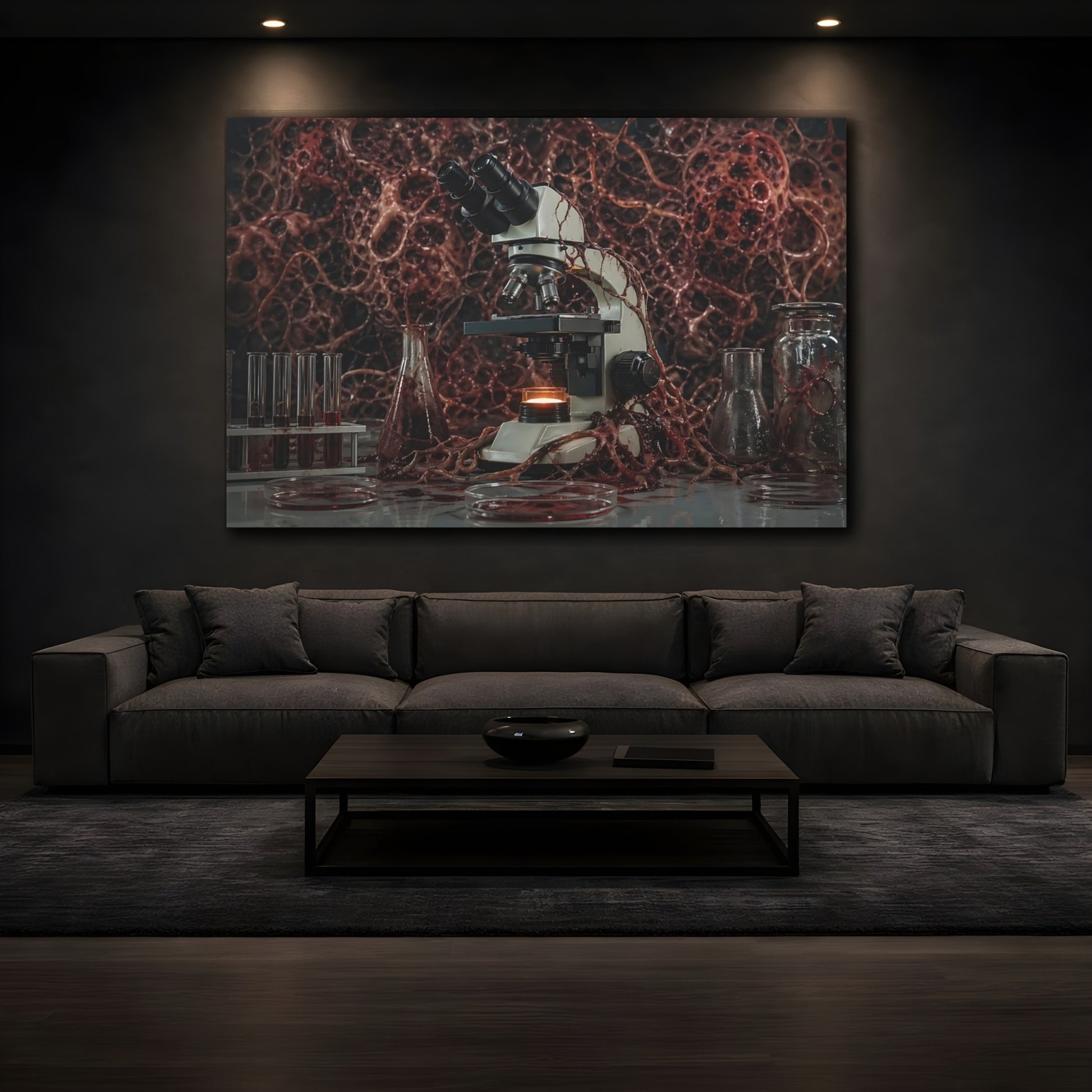 Mockup 4. Horror Microscope Red Horror Lab shown as stretched canvas wall art